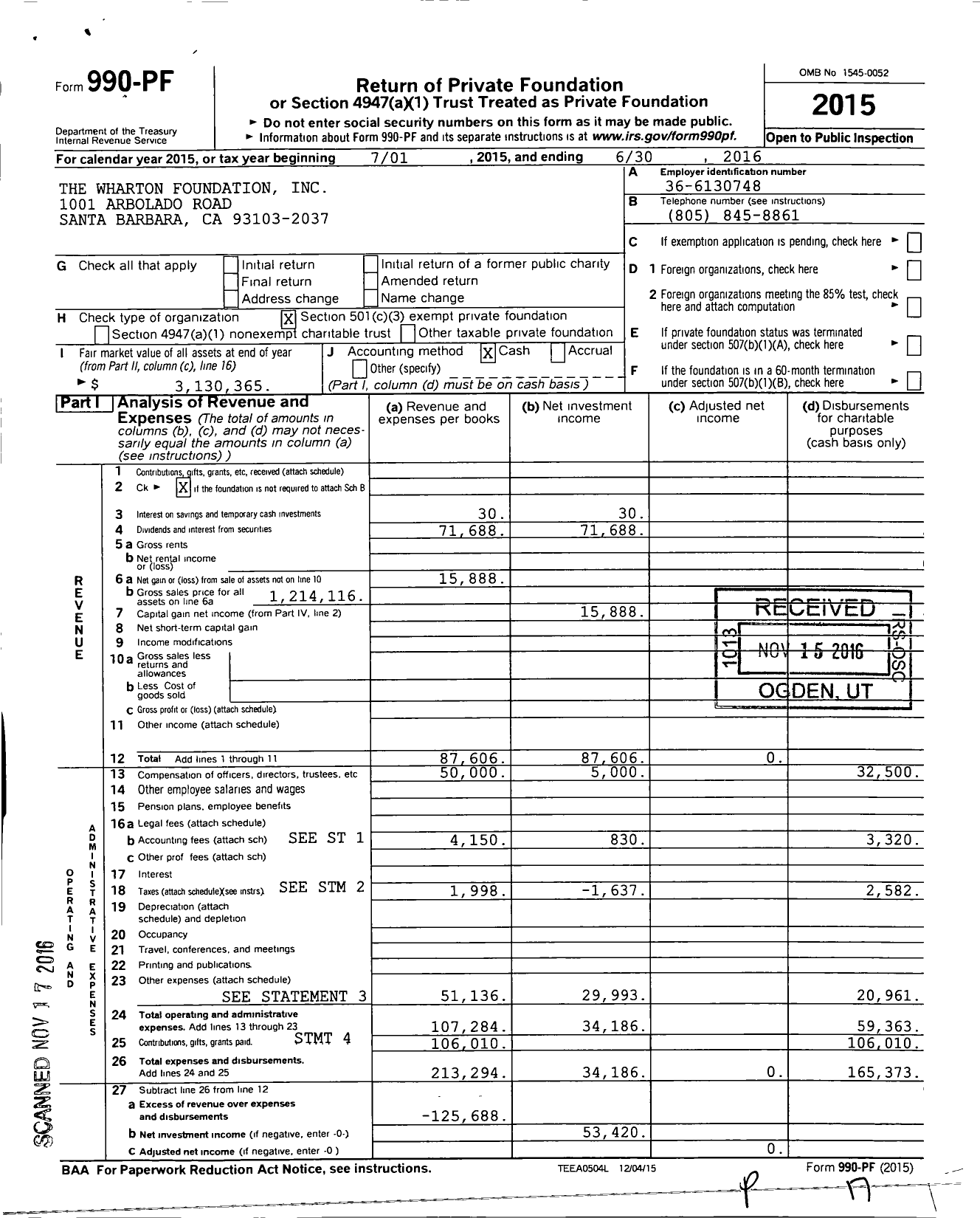 Image of first page of 2015 Form 990PF for The Wharton Foundation