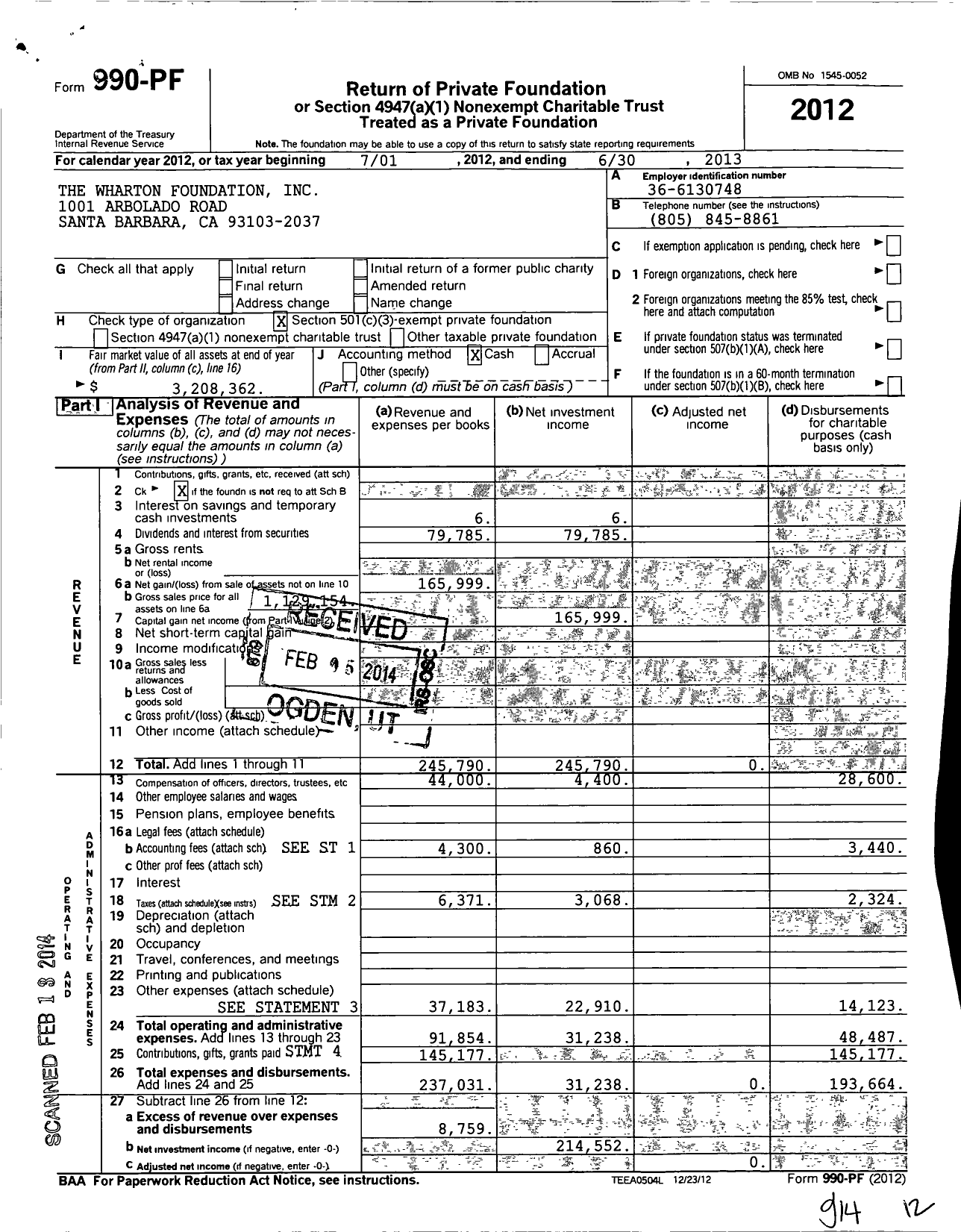 Image of first page of 2012 Form 990PF for The Wharton Foundation