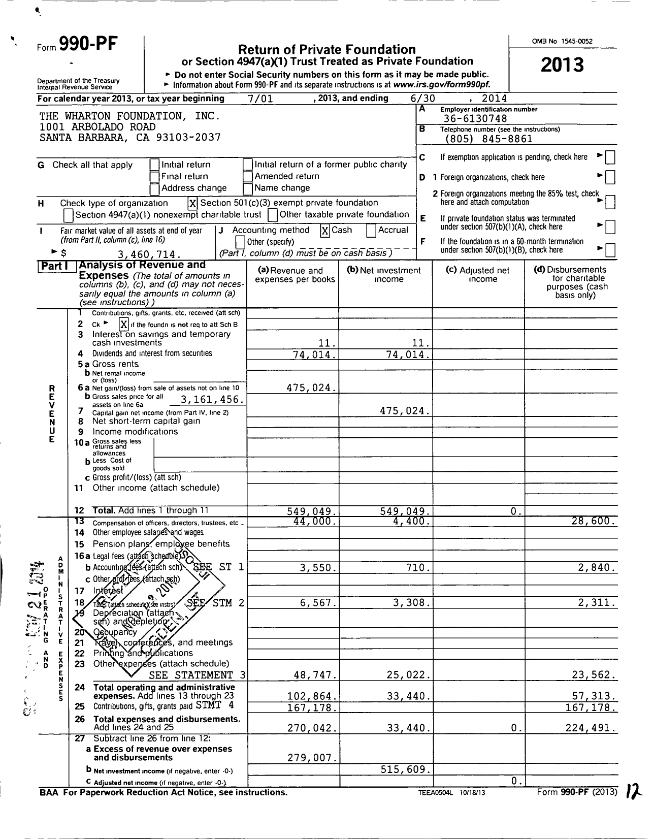 Image of first page of 2013 Form 990PF for The Wharton Foundation