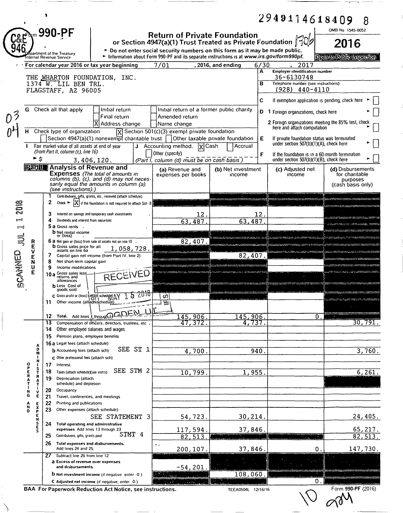 Image of first page of 2016 Form 990PF for The Wharton Foundation