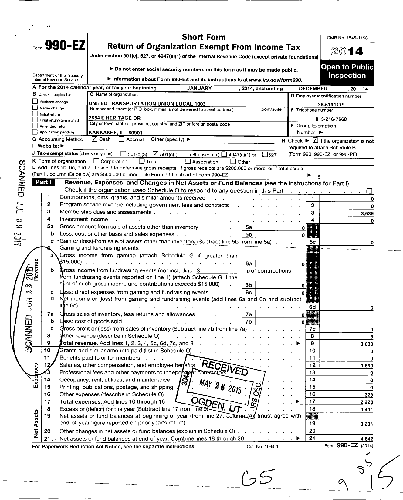 Image of first page of 2014 Form 990EO for Smart Union - 1003 TD