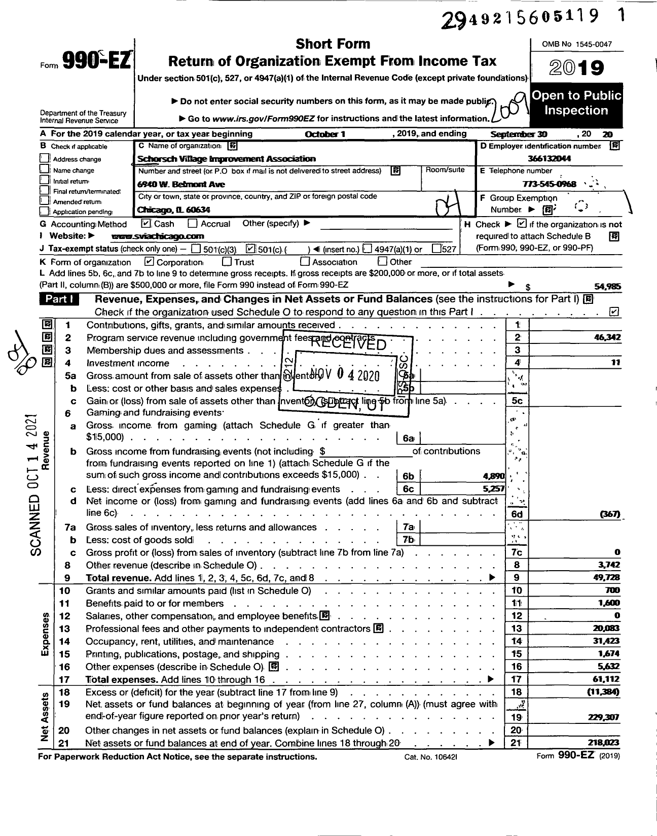 Image of first page of 2019 Form 990EO for Schorsch Village Improvement Association