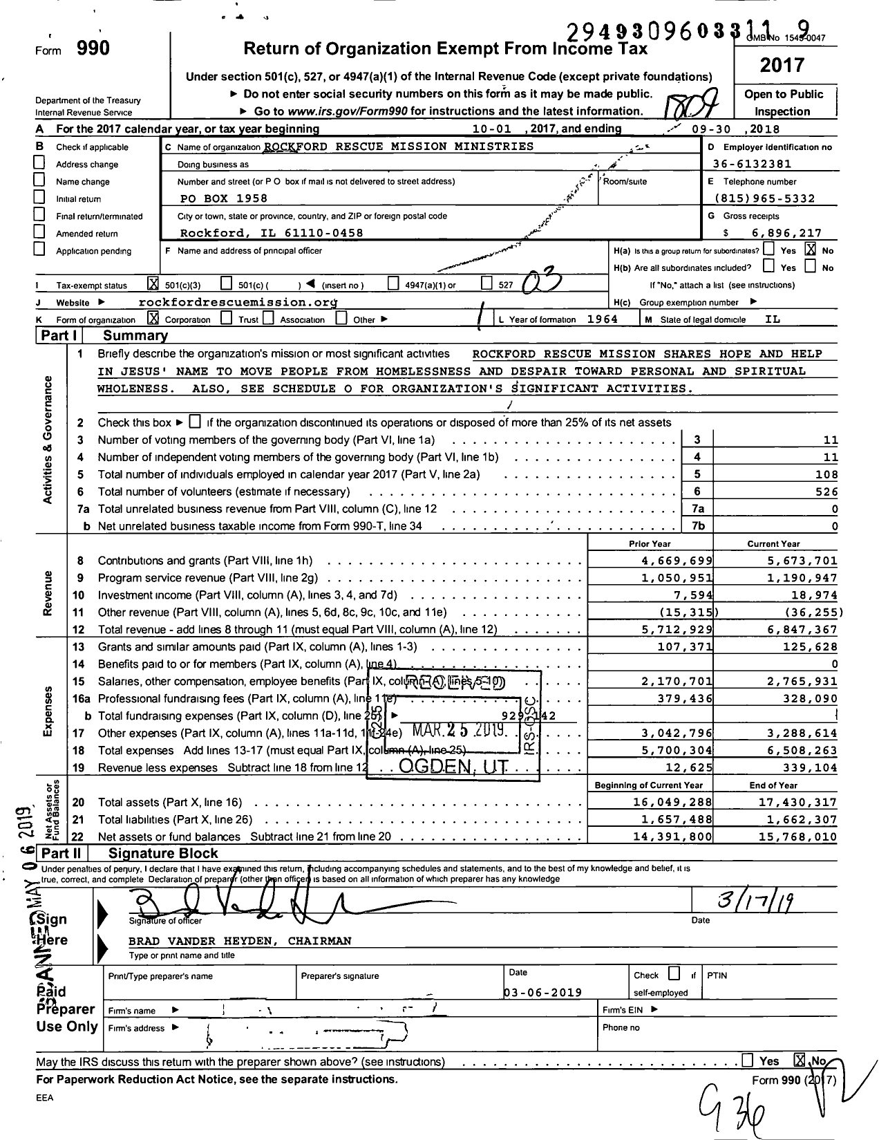 Image of first page of 2017 Form 990 for Rockford Rescue Mission