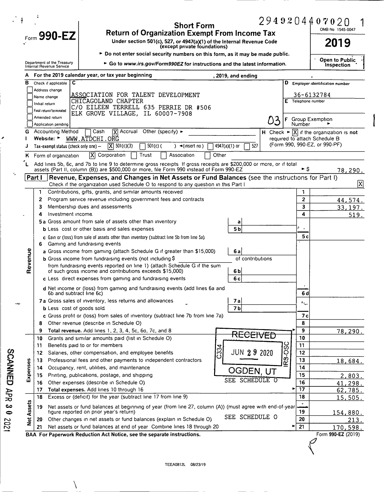 Image of first page of 2019 Form 990EZ for American Society for Training and Development Chicagoland Chapter