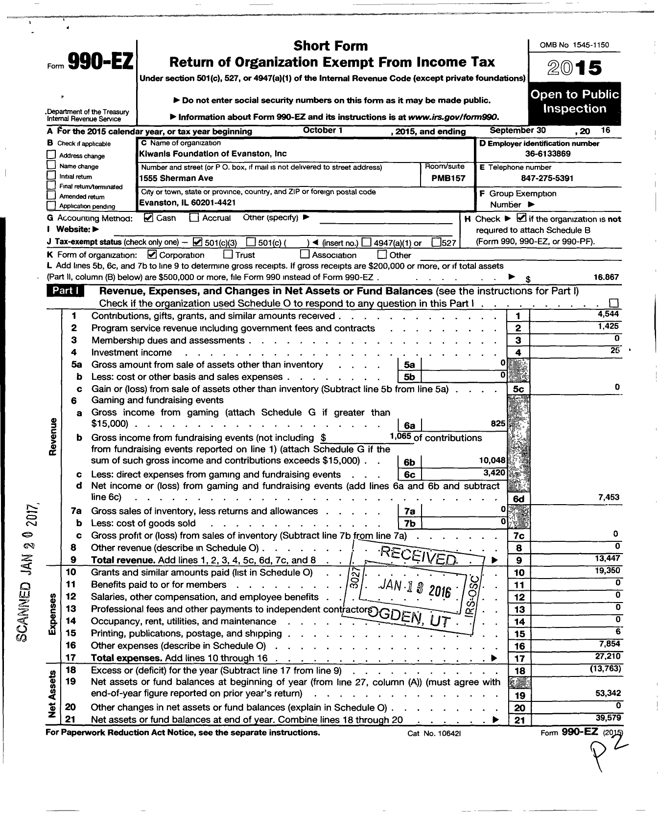 Image of first page of 2015 Form 990EZ for Kiwanis Foundation of Evanston