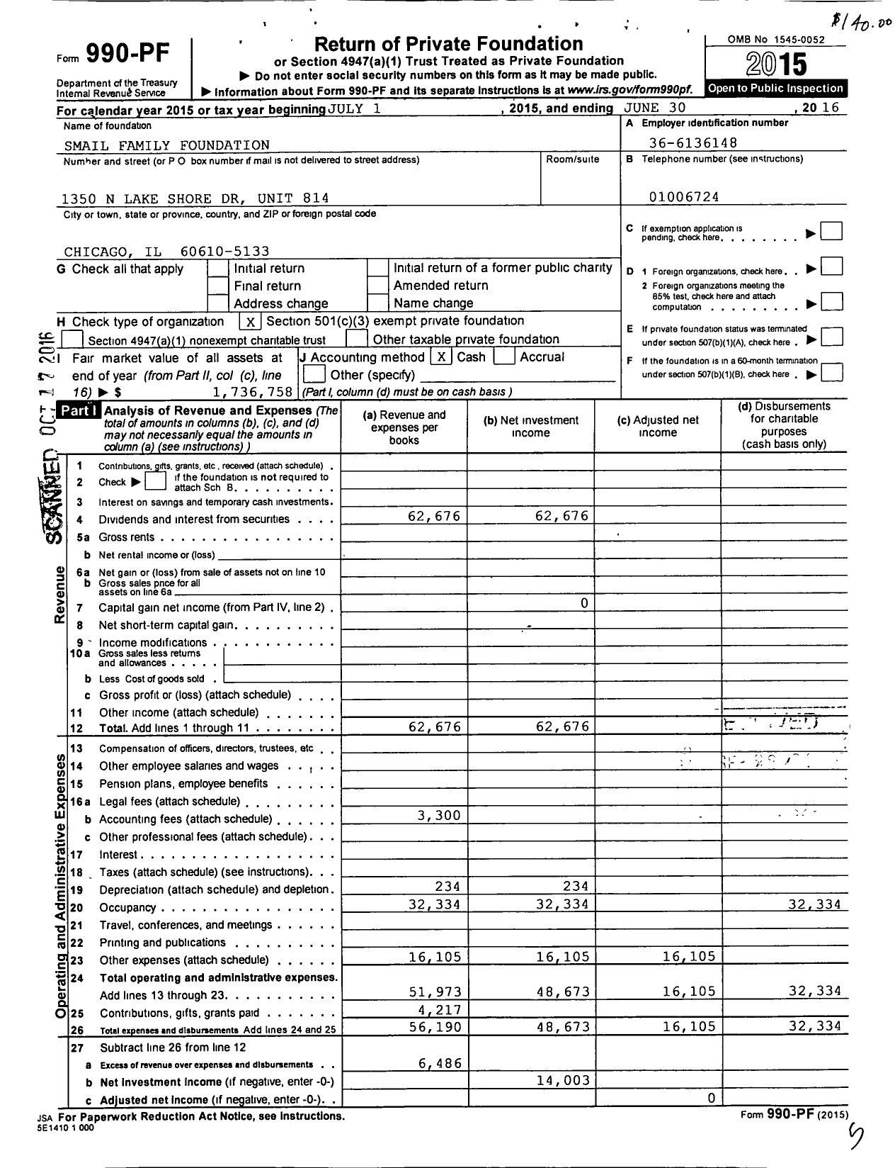 Image of first page of 2015 Form 990PF for Smail Family Foundation