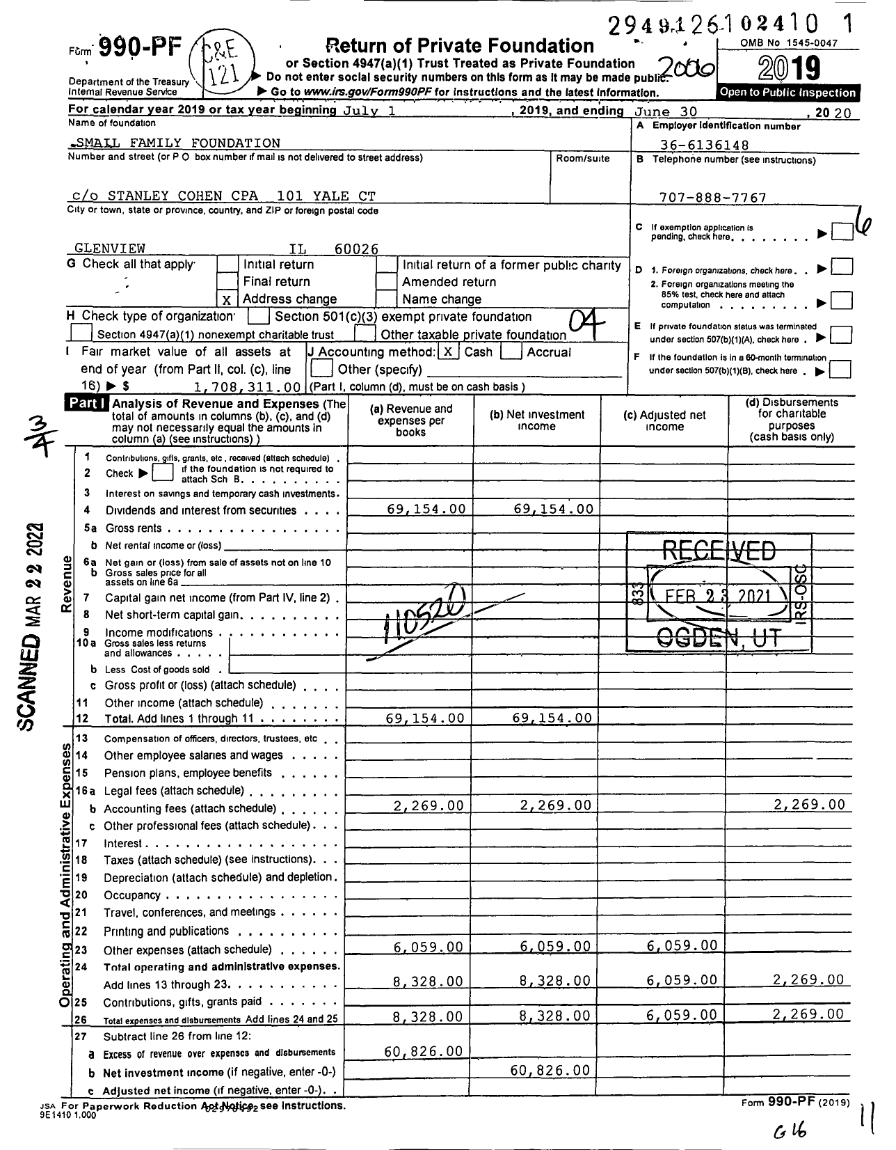Image of first page of 2019 Form 990PF for Smail Family Foundation