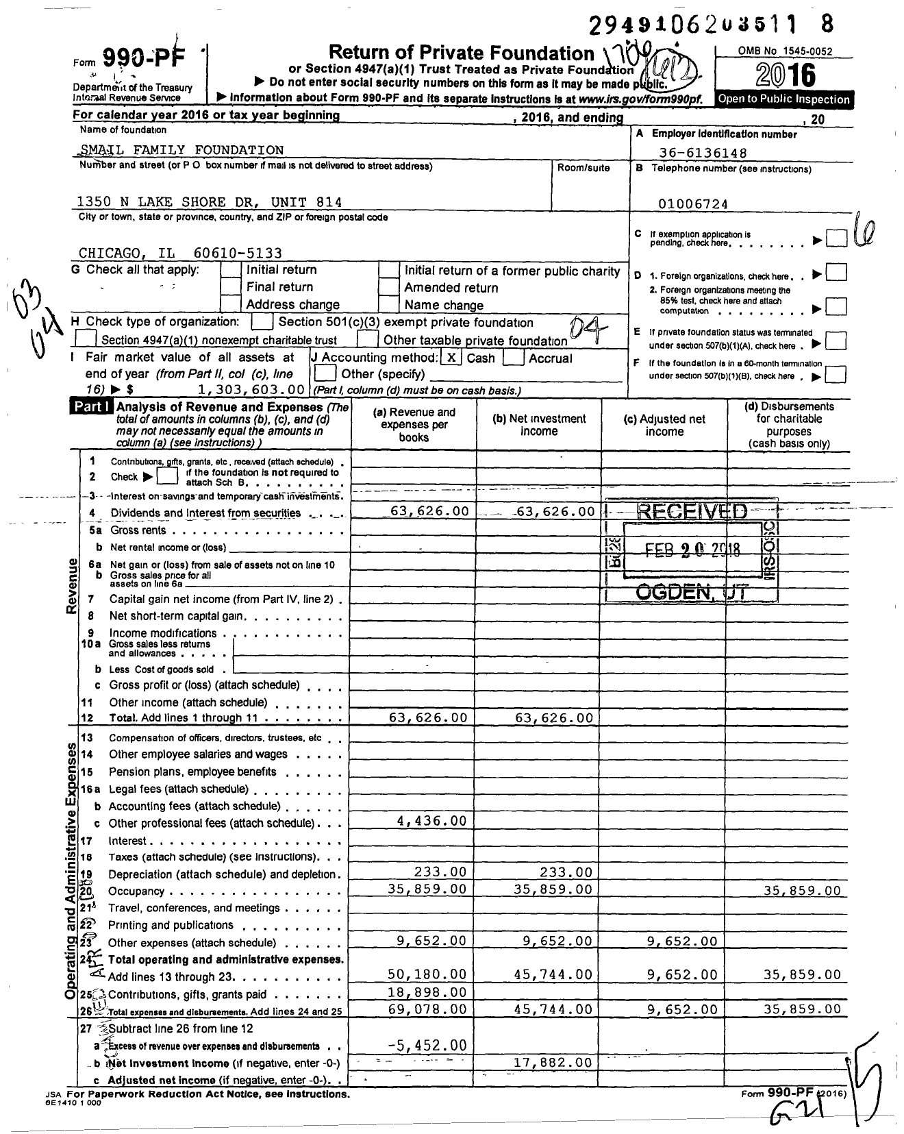 Image of first page of 2016 Form 990PF for Smail Family Foundation