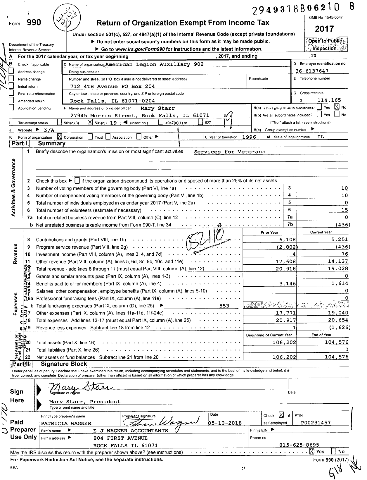 Image of first page of 2017 Form 990O for American Legion AuxilIary - 902 Rock Falls