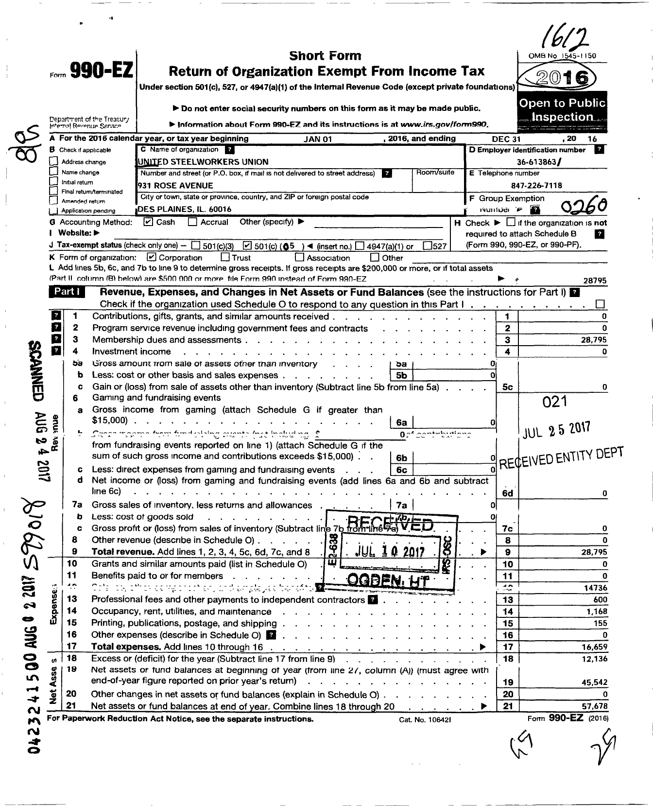 Image of first page of 2016 Form 990EO for United Steelworkers - 7-00647 Local