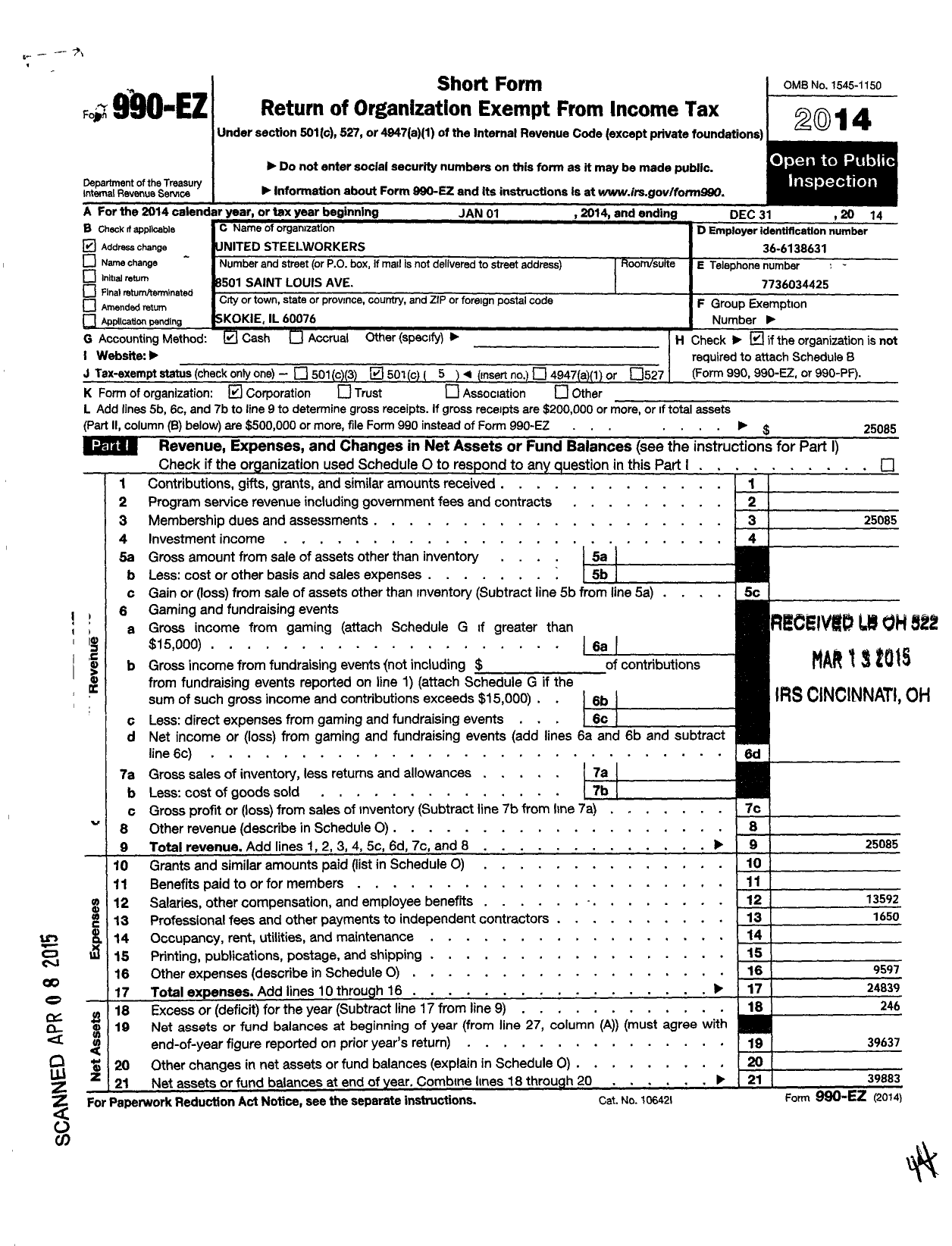 Image of first page of 2014 Form 990EO for United Steelworkers - 7-00647 Local