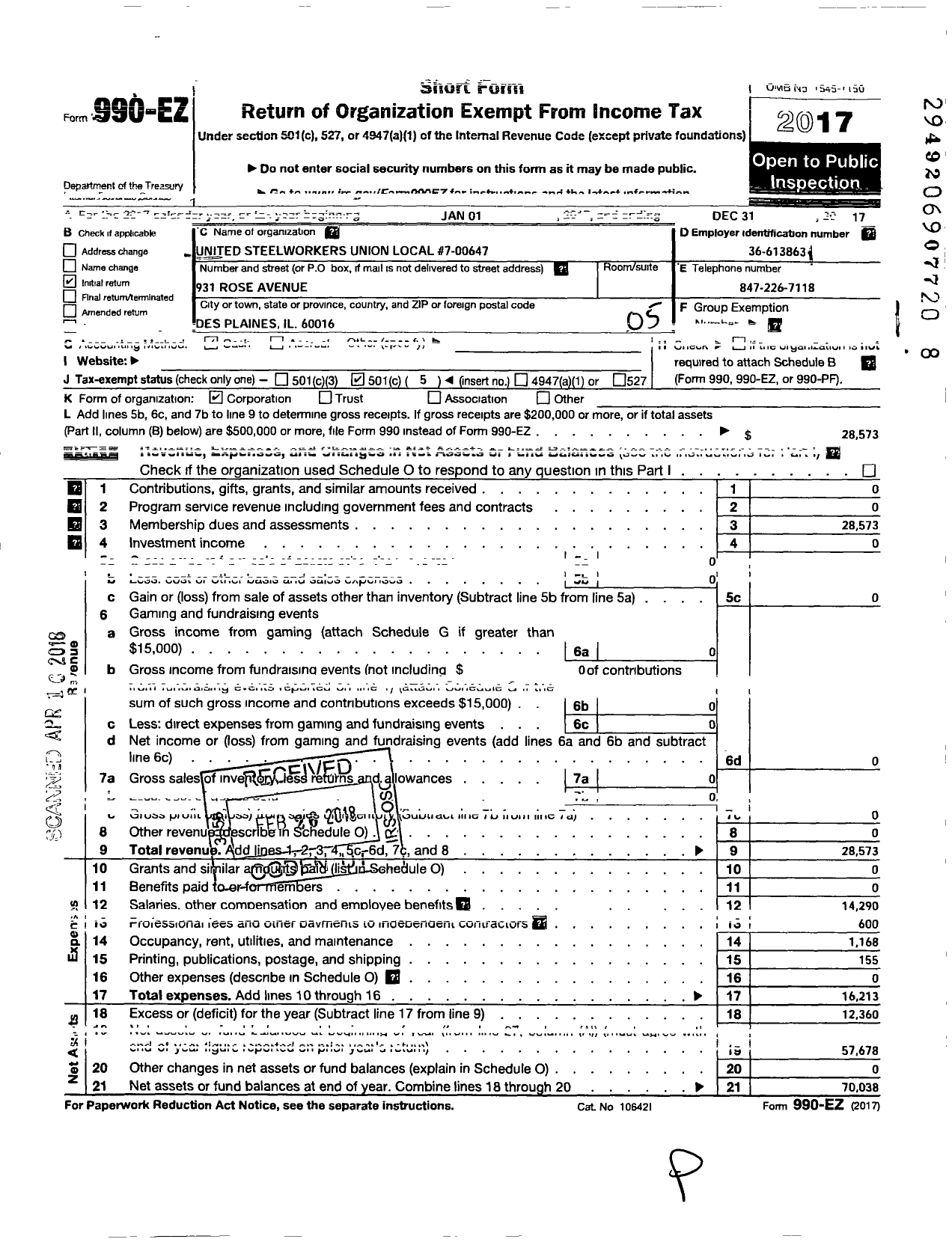 Image of first page of 2017 Form 990EO for United Steelworkers - 7-00647 Local