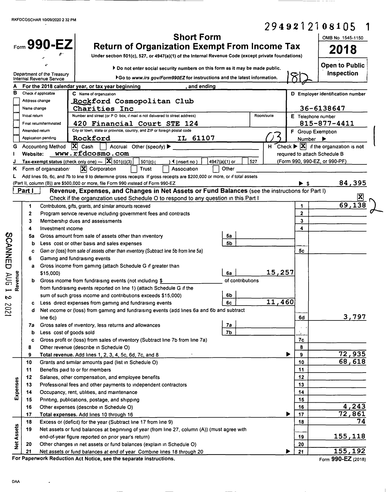 Image of first page of 2018 Form 990EZ for Rockford Cosmopolitan Club Charities