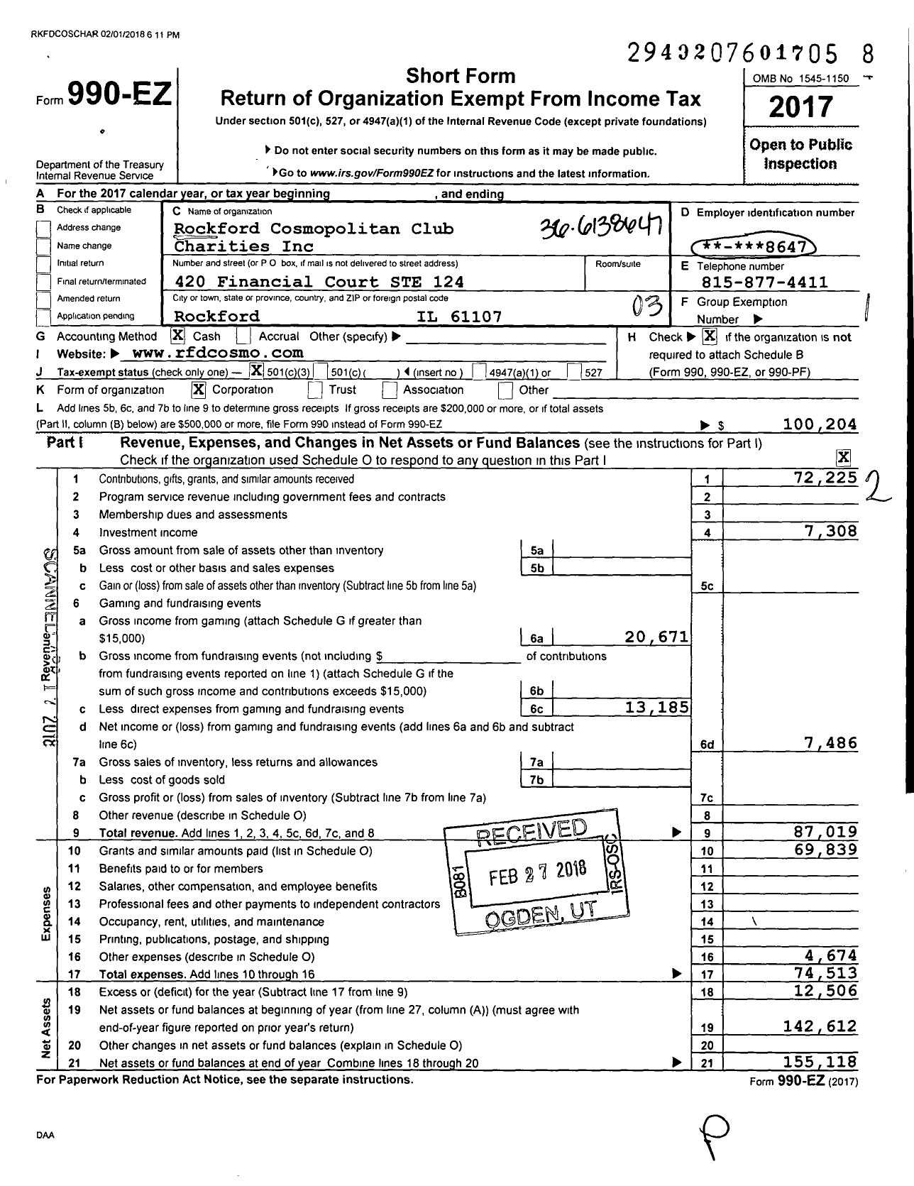 Image of first page of 2017 Form 990EZ for Rockford Cosmopolitan Club Charities