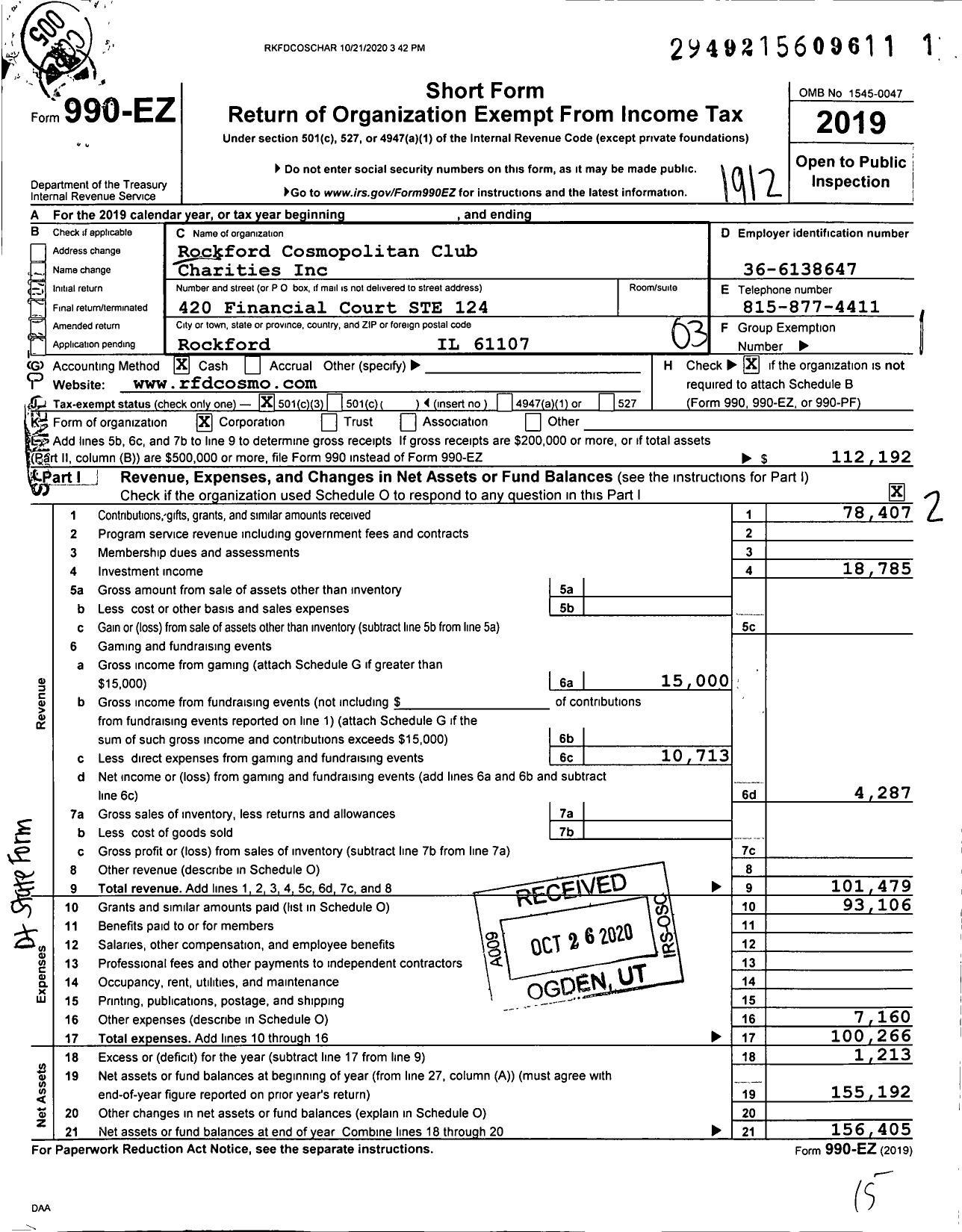 Image of first page of 2019 Form 990EZ for Rockford Cosmopolitan Club Charities