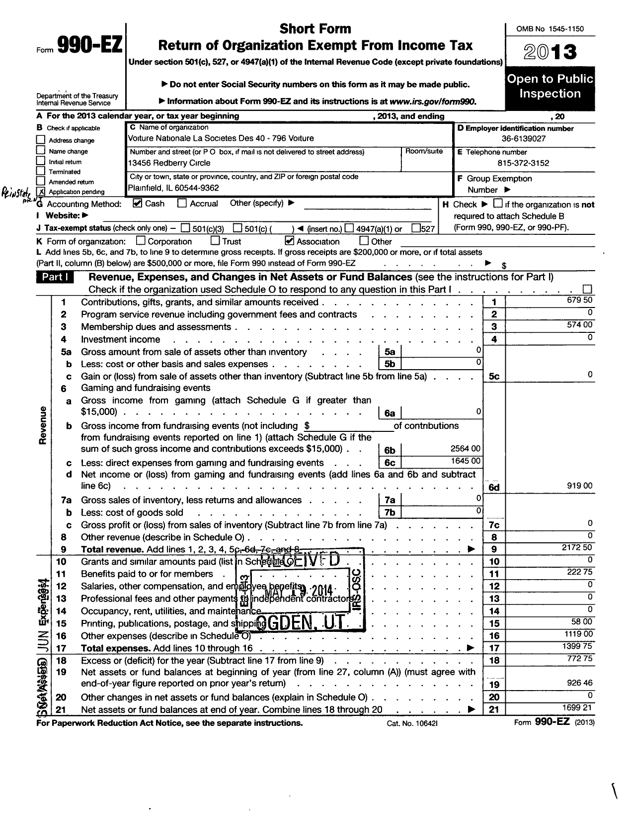 Image of first page of 2013 Form 990EO for Voiture Nationale La Societe Des 40 Hommes Et 8 Chevaux / 796 Voiture