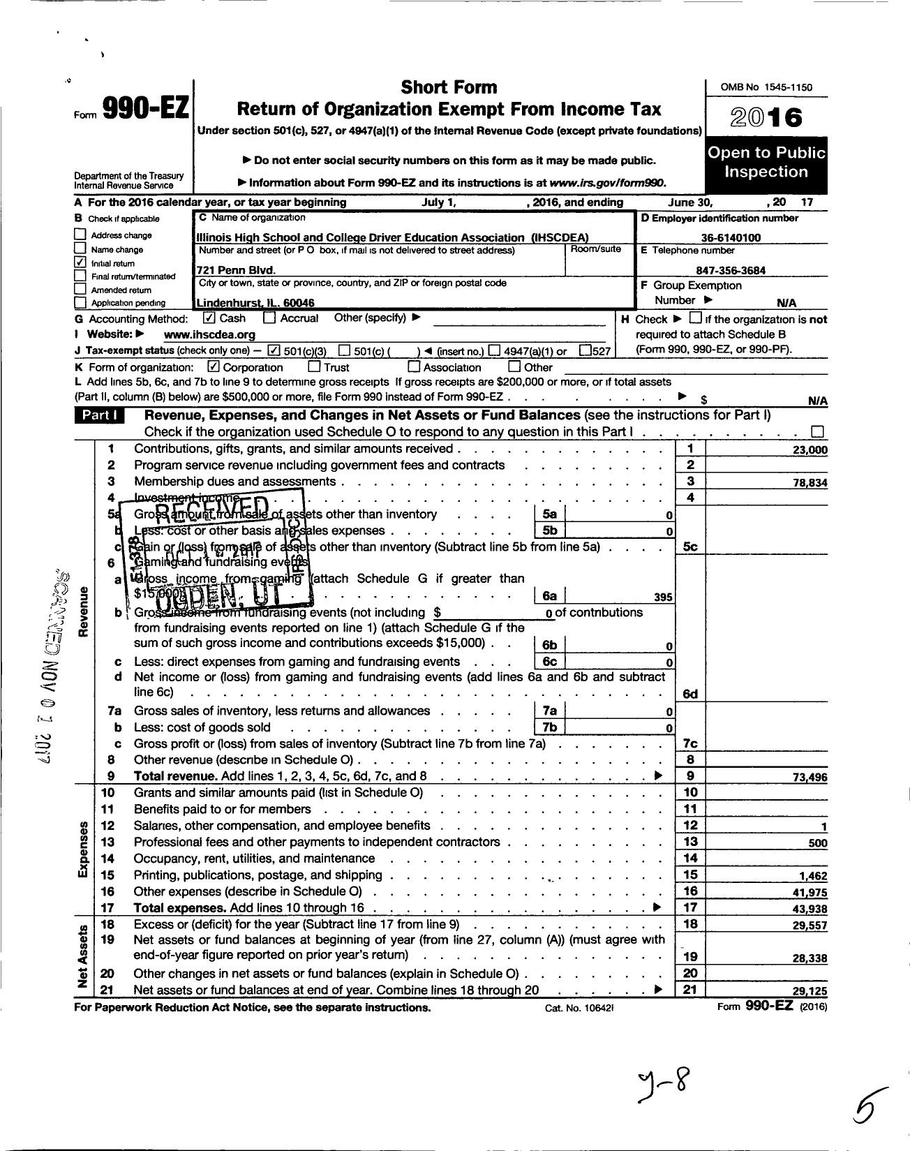 Image of first page of 2016 Form 990EZ for Illinois High School and College