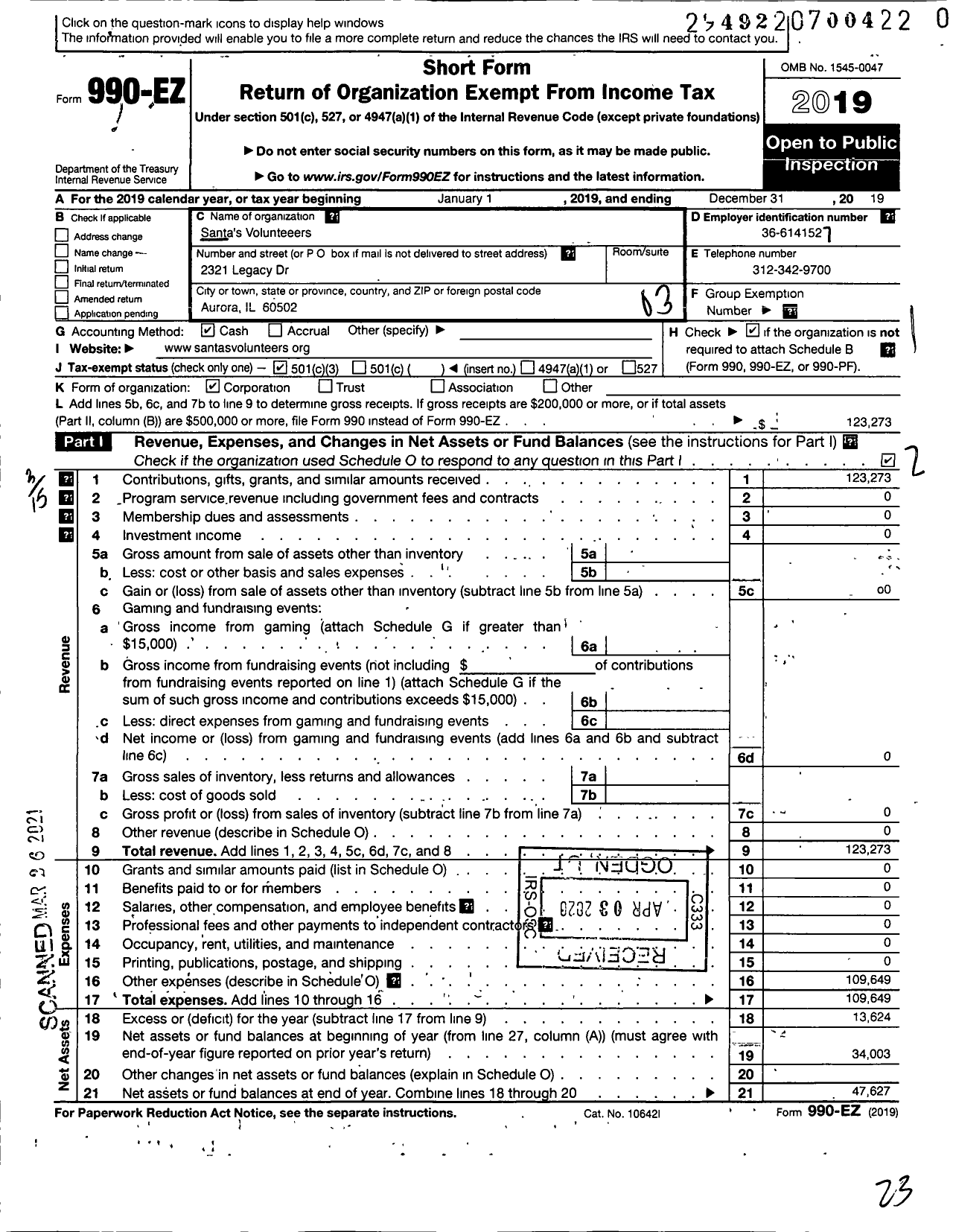 Image of first page of 2019 Form 990EZ for Santas Volunteers