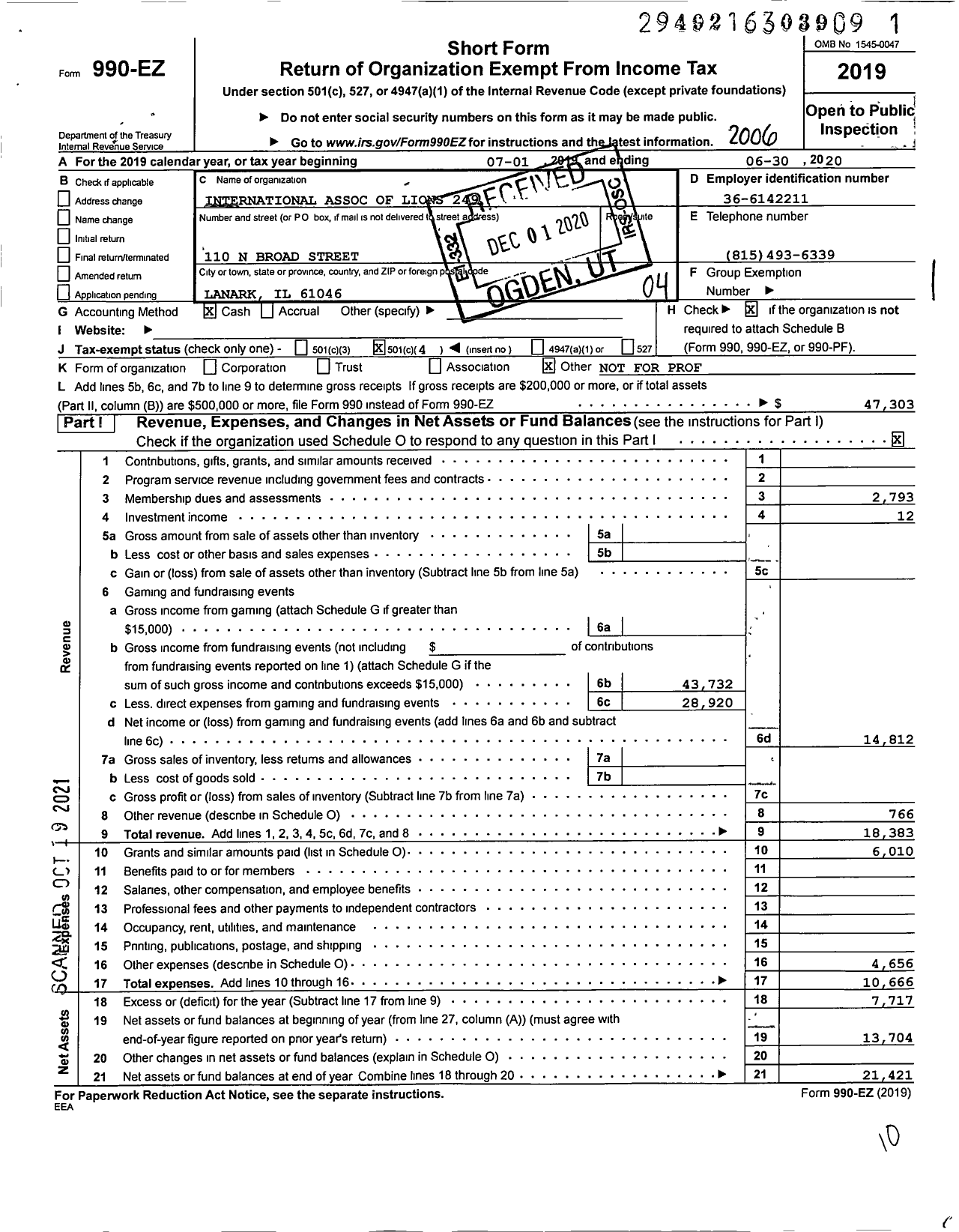 Image of first page of 2019 Form 990EO for Lions Clubs - 249 Lanark