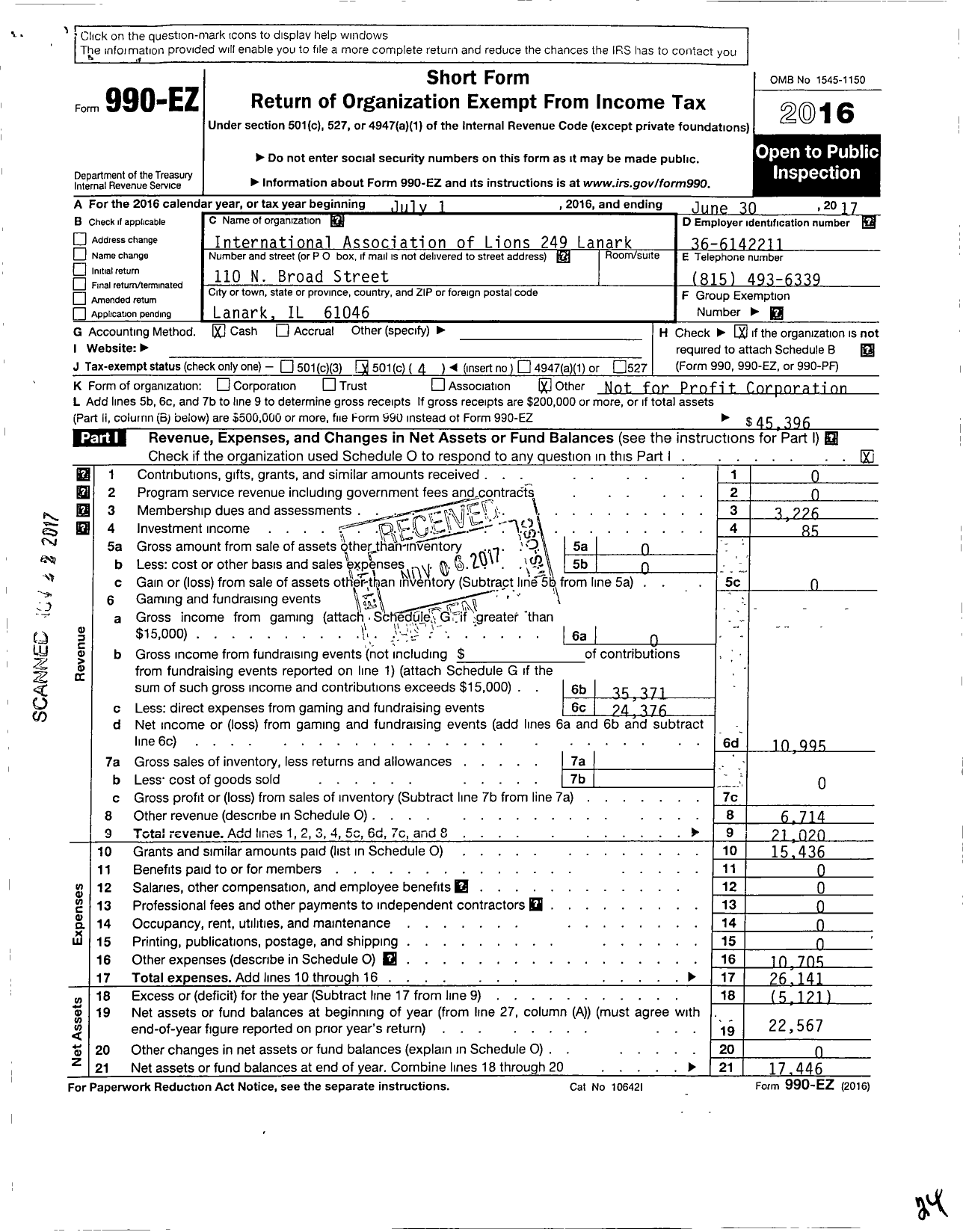 Image of first page of 2016 Form 990EO for Lions Clubs - 249 Lanark