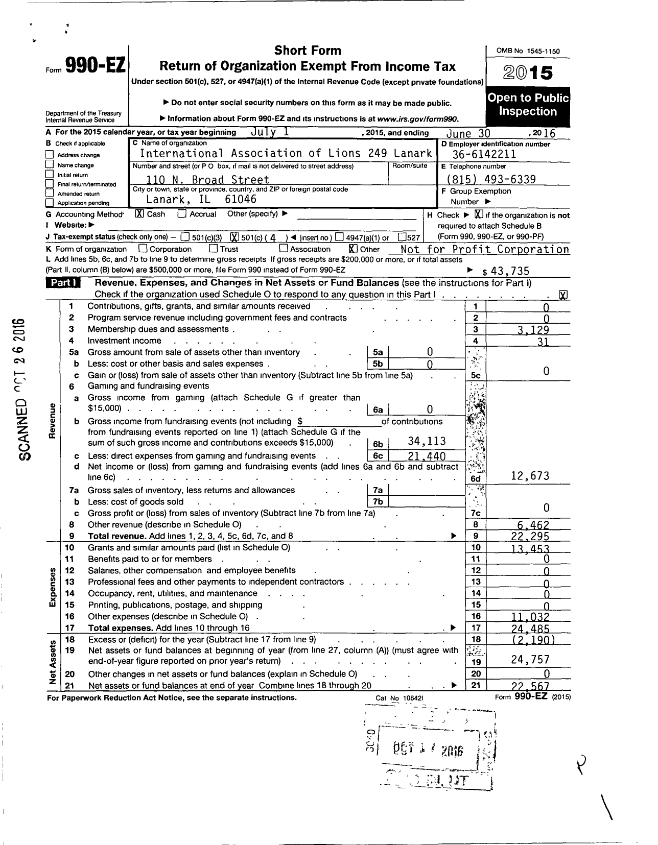 Image of first page of 2015 Form 990EO for Lions Clubs - 249 Lanark