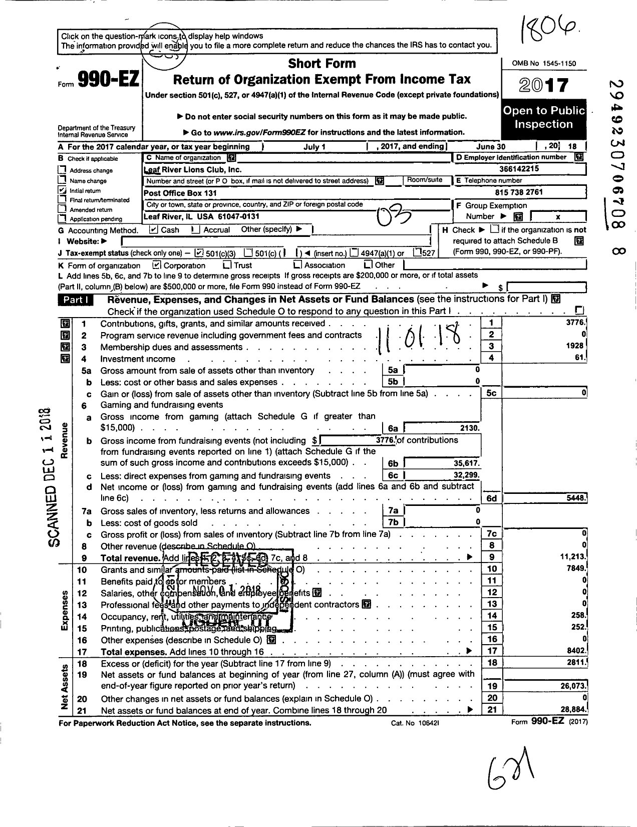 Image of first page of 2017 Form 990EZ for Leaf River Lions Club