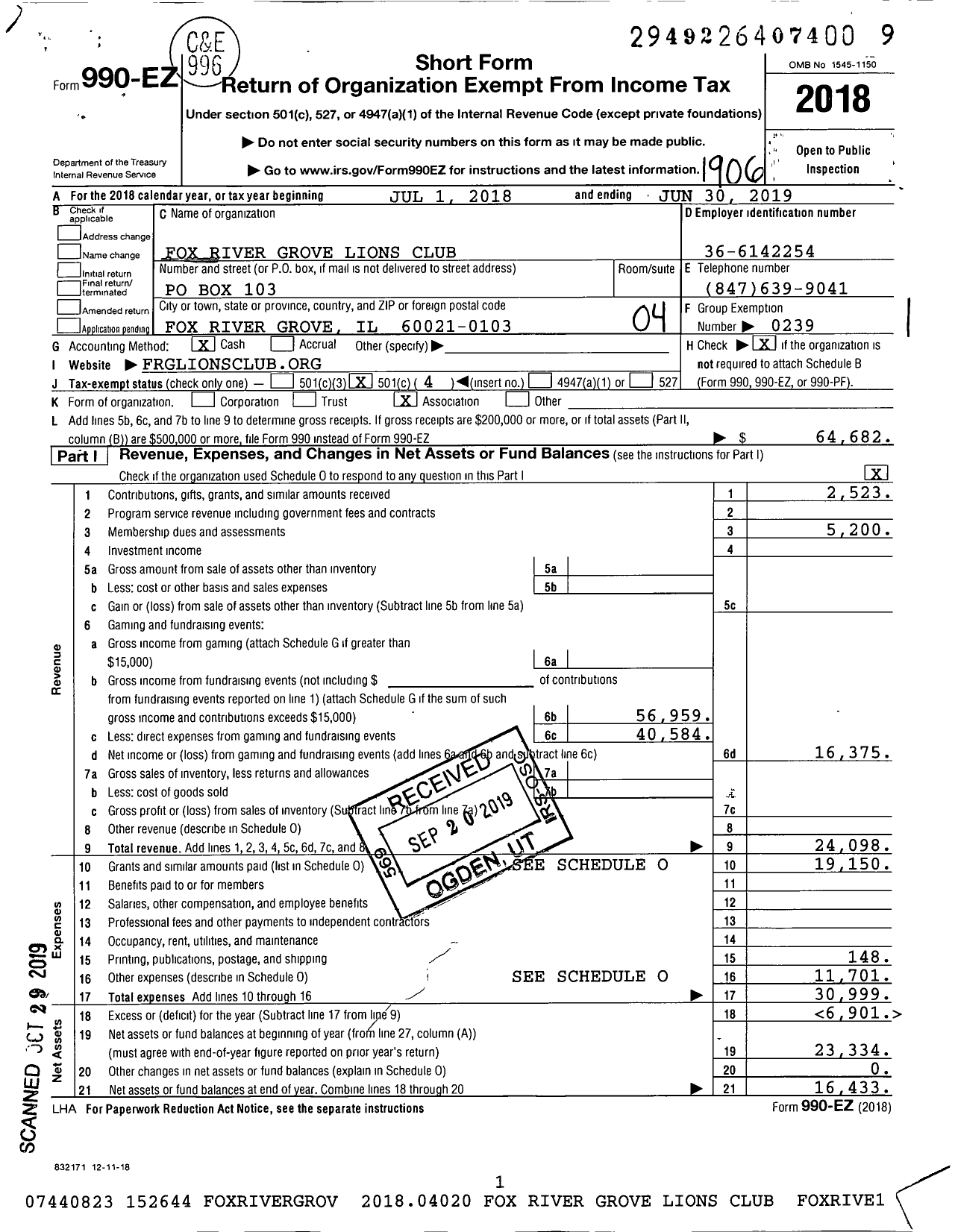 Image of first page of 2018 Form 990EO for Lions Clubs - 534 Fox River Grove