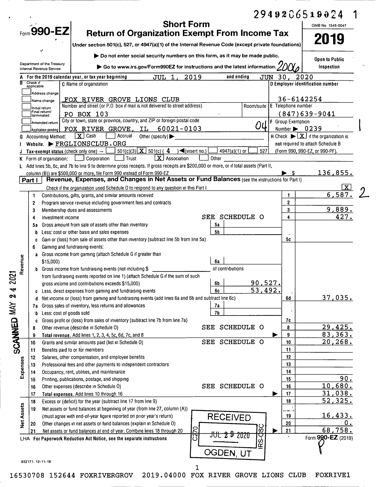 Image of first page of 2019 Form 990EO for Lions Clubs - 534 Fox River Grove