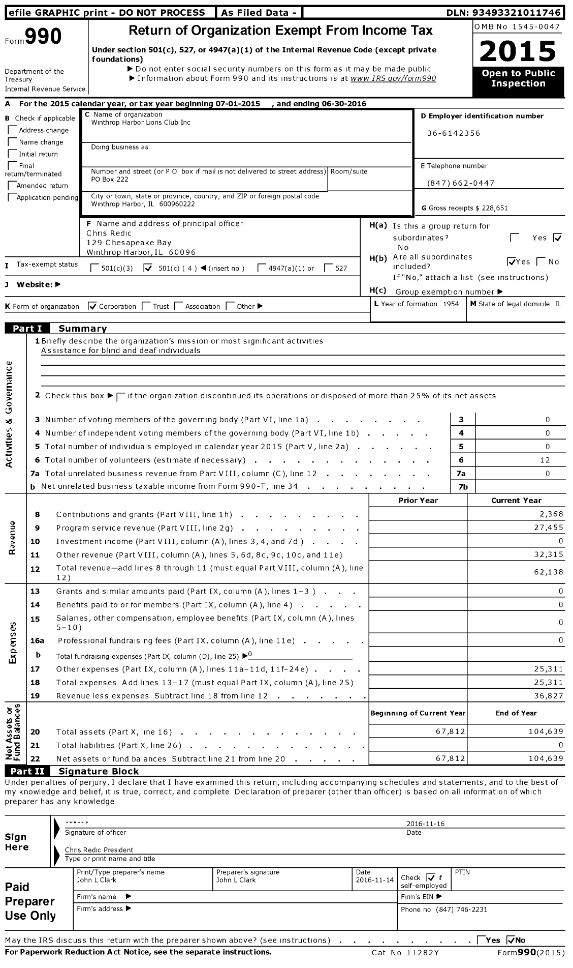 Image of first page of 2015 Form 990O for Lions Clubs - 405 Winthrop Harbor