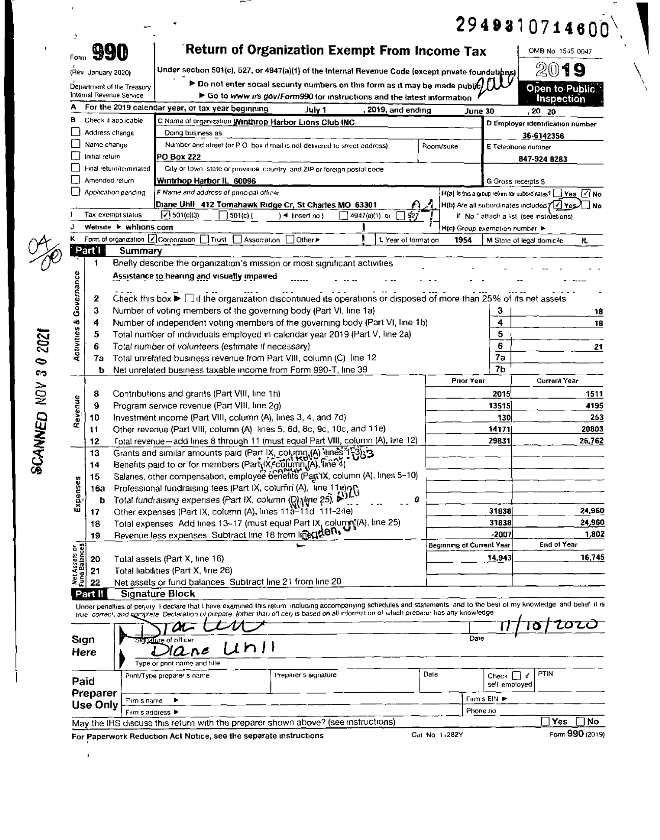 Image of first page of 2019 Form 990O for Lions Clubs - 405 Winthrop Harbor