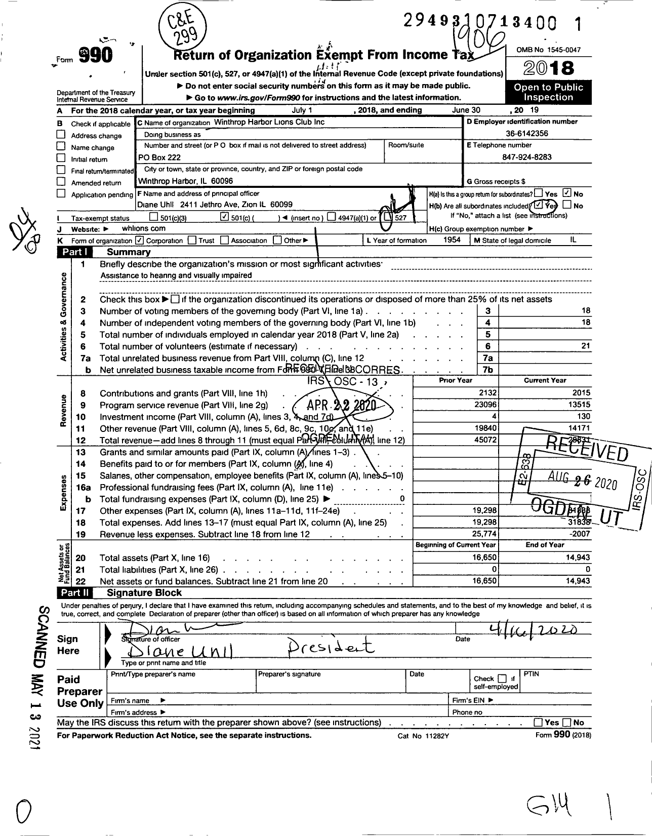 Image of first page of 2018 Form 990O for Lions Clubs - 405 Winthrop Harbor