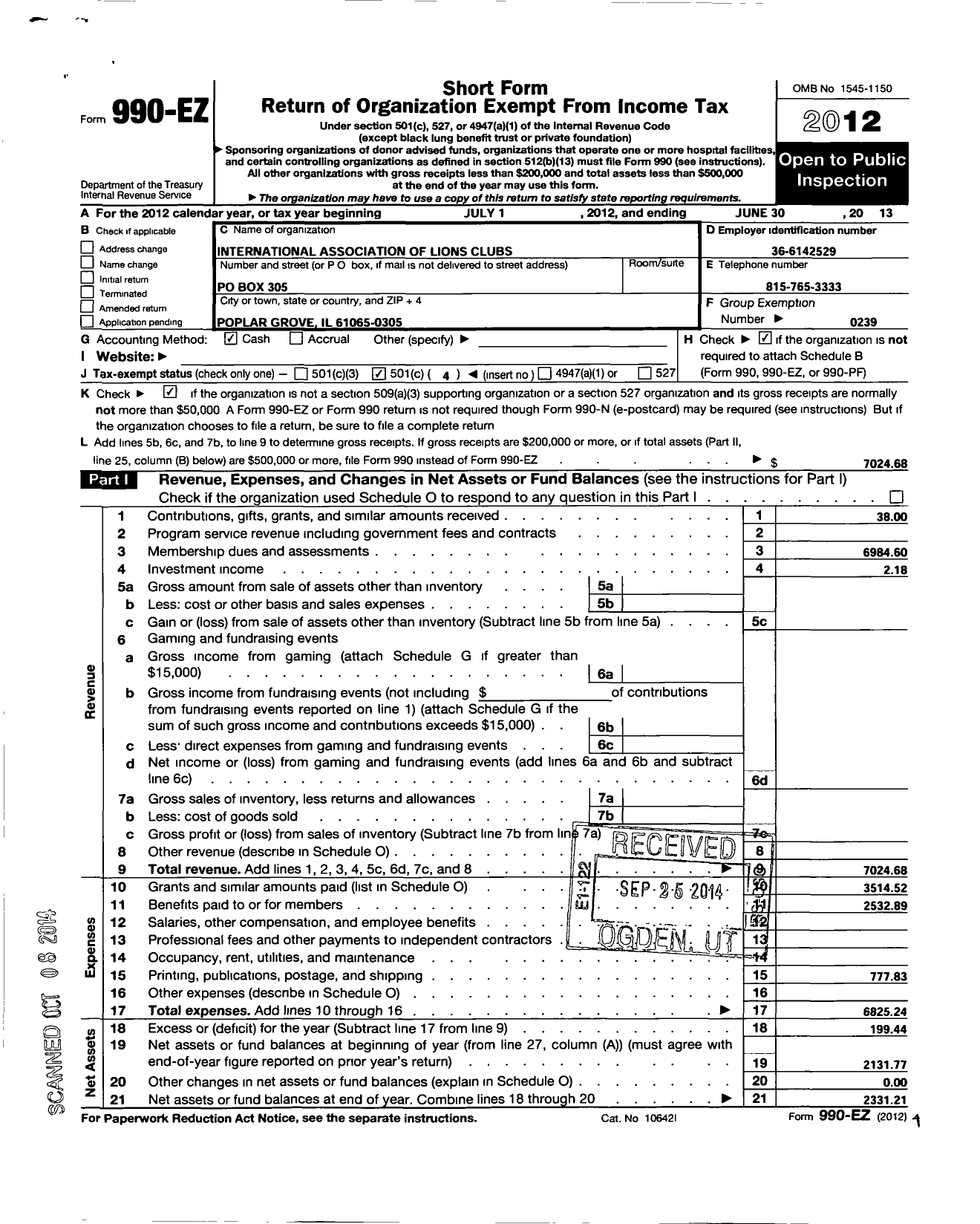 Image of first page of 2012 Form 990EO for International Association of Lions Clubs