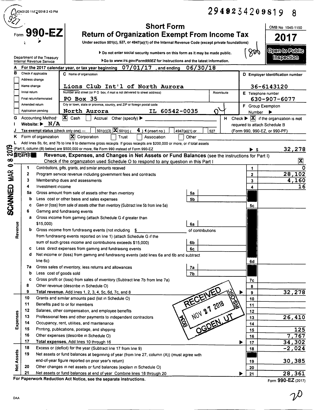 Image of first page of 2017 Form 990EO for Lions Clubs - 554 North Aurora