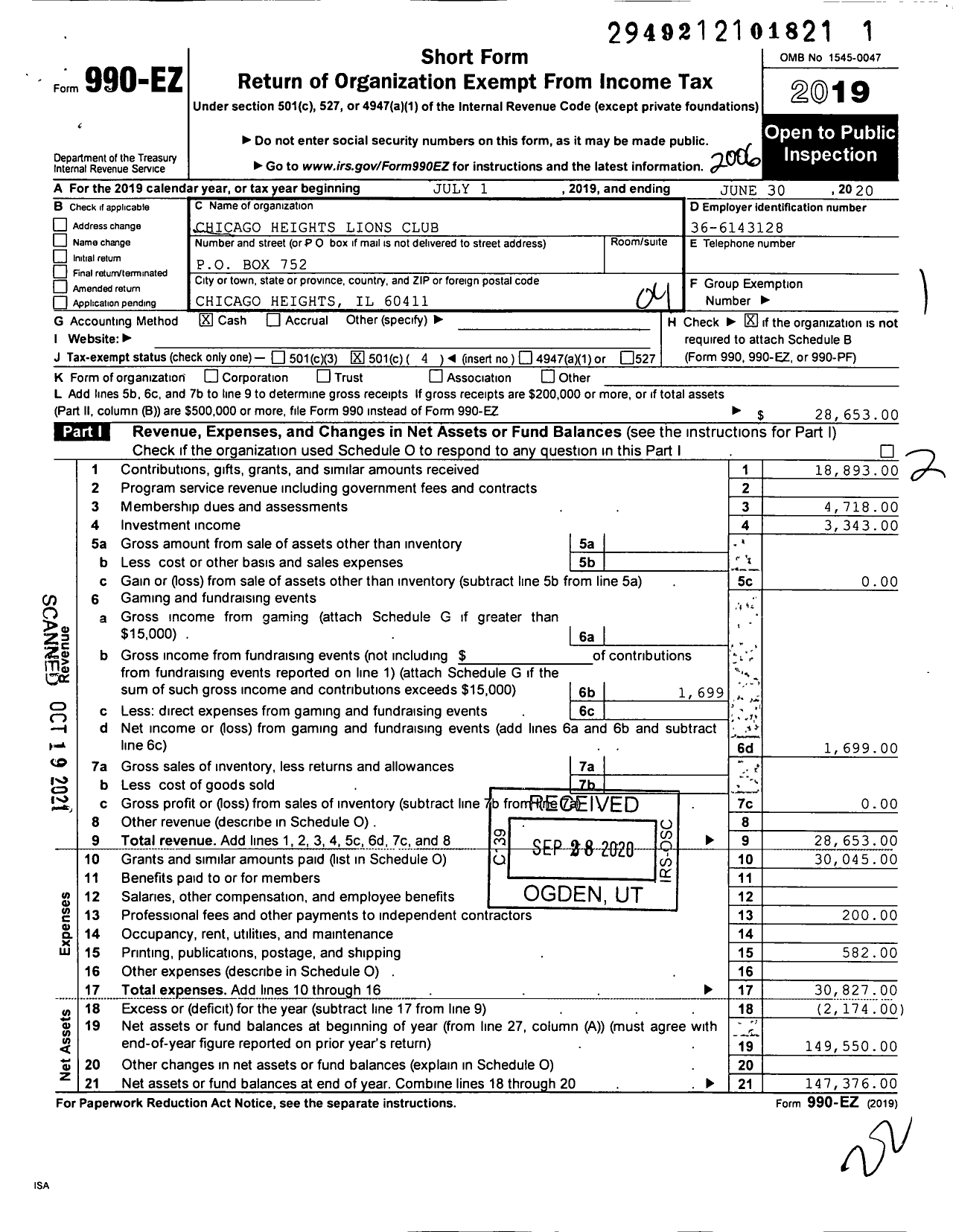 Image of first page of 2019 Form 990EO for Lions Clubs - 52 Chicago Heights