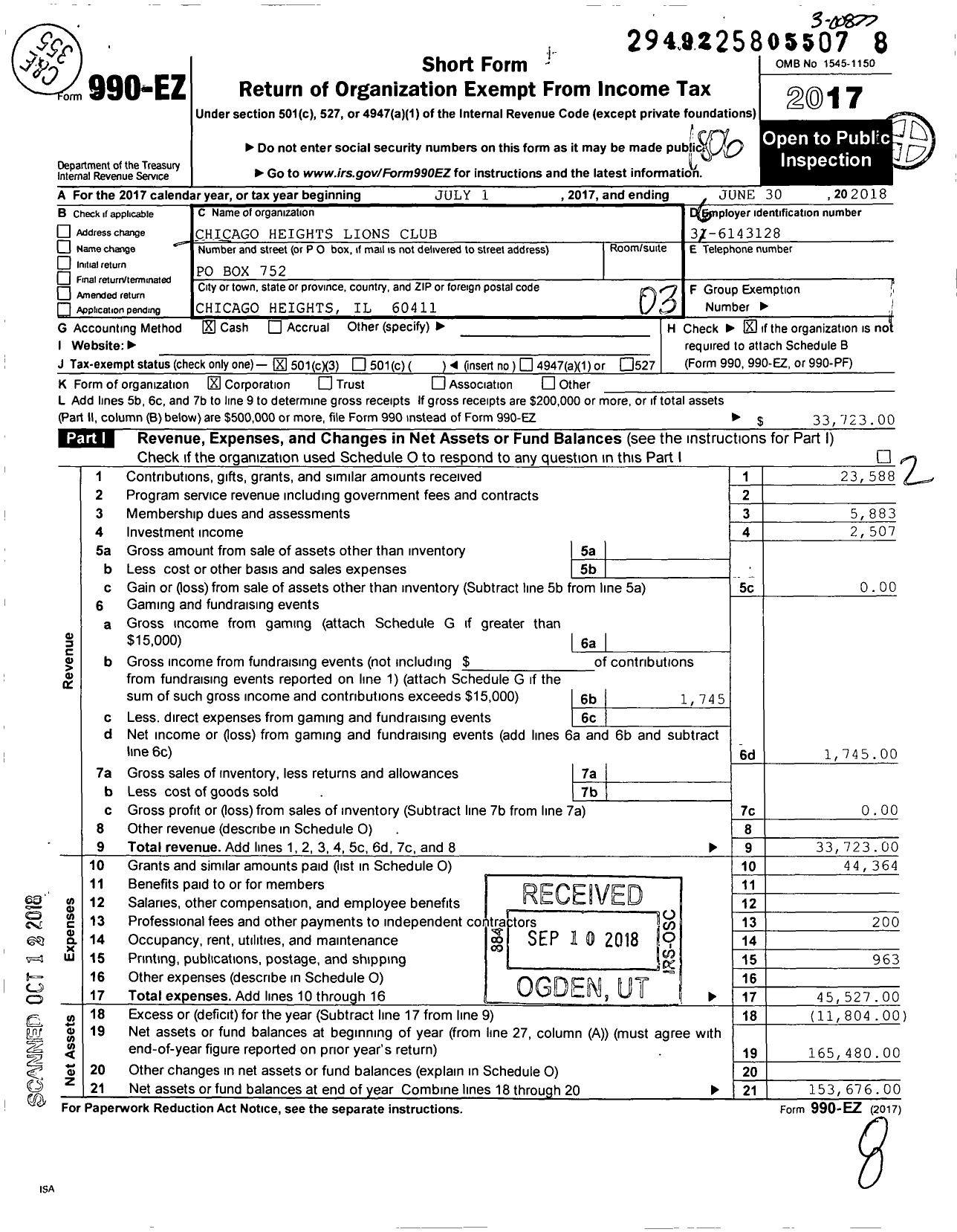 Image of first page of 2017 Form 990EZ for Lions Clubs - 52 Chicago Heights