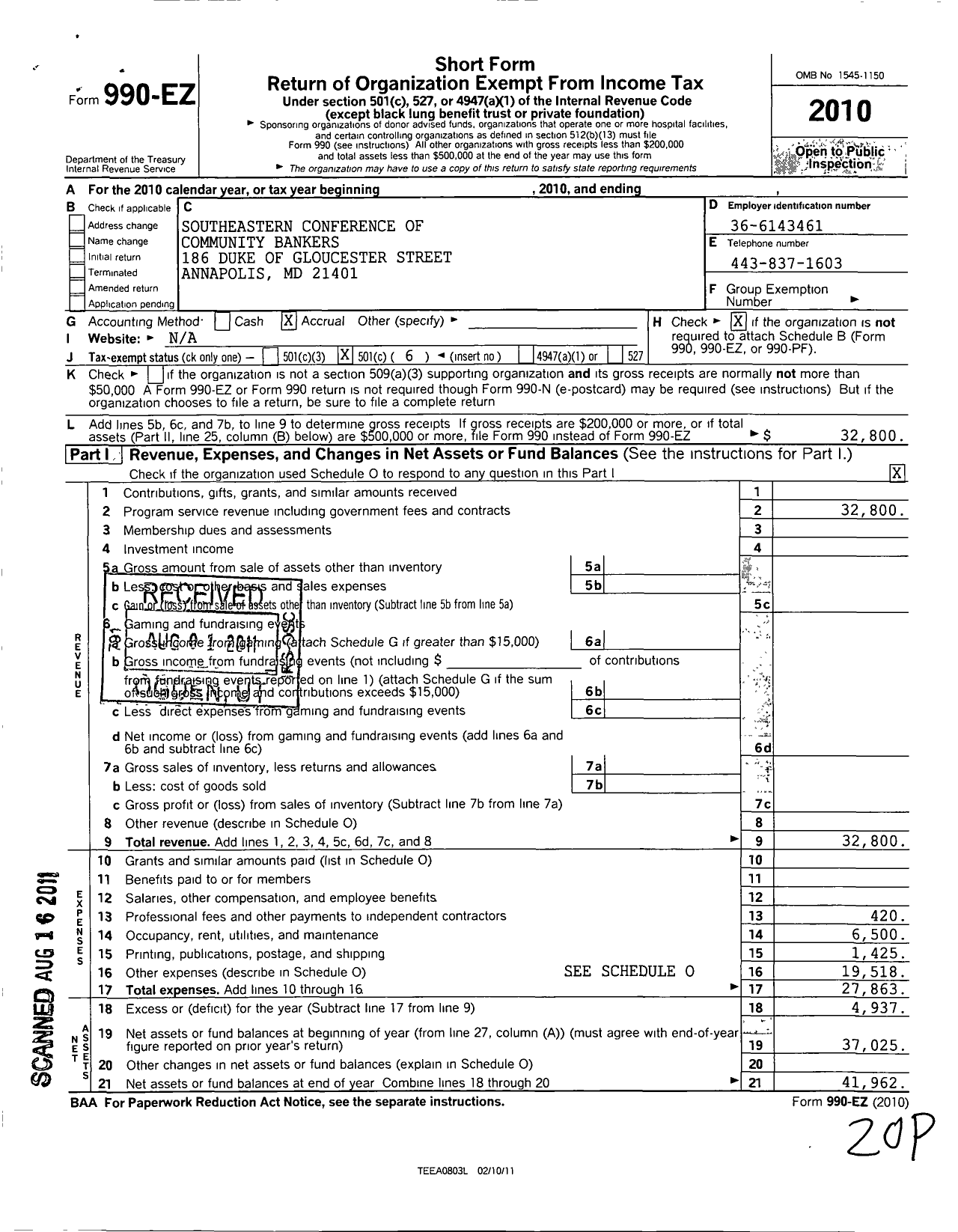 Image of first page of 2010 Form 990EO for Southeastern Conference of Community Bankers