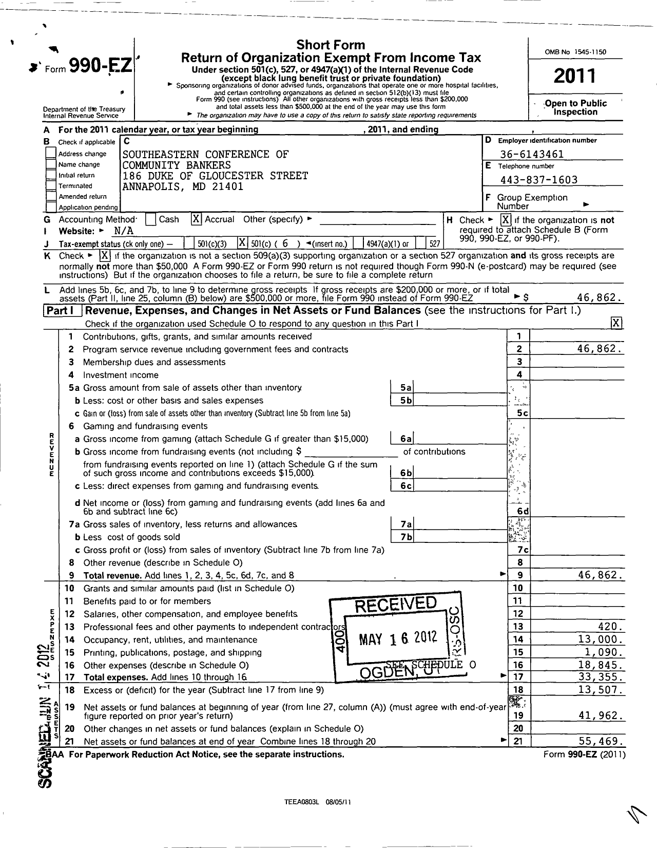 Image of first page of 2011 Form 990EO for Southeastern Conference of Community Bankers