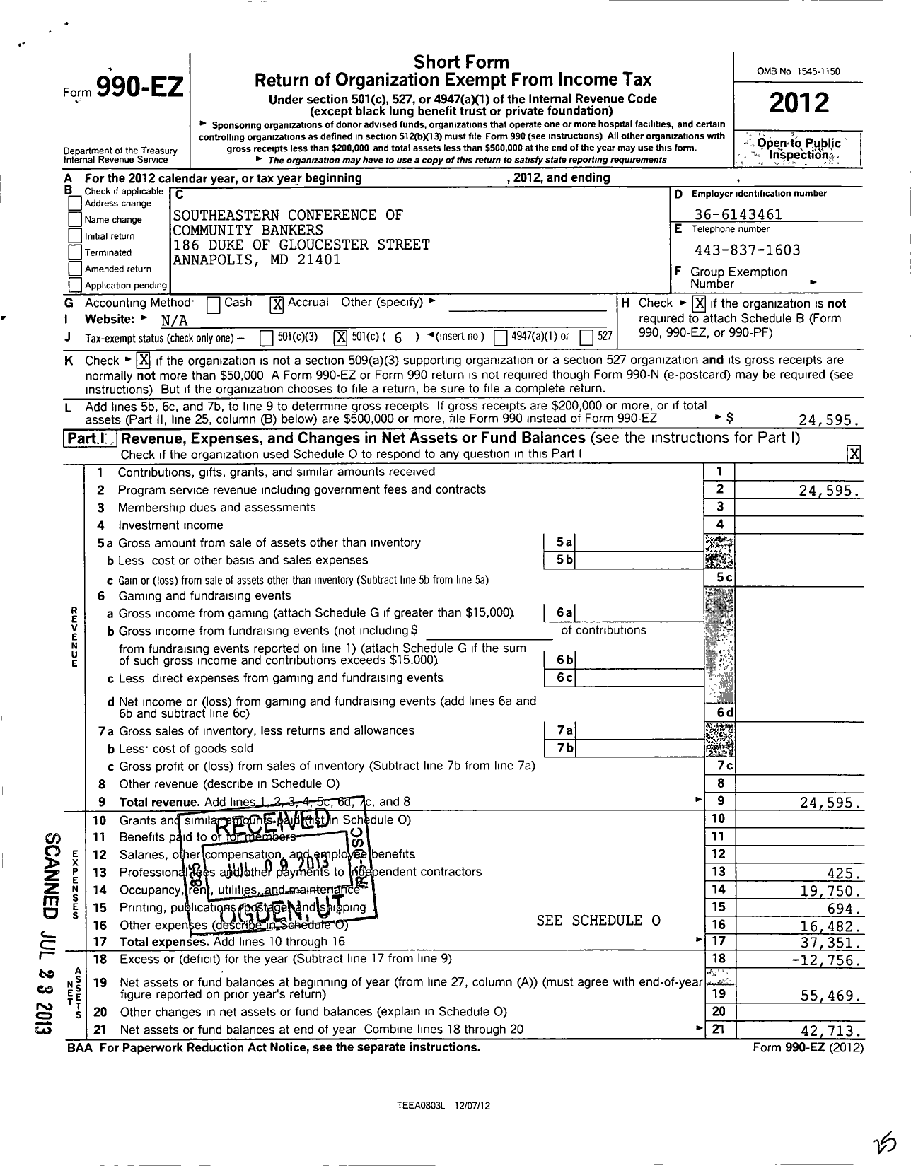 Image of first page of 2012 Form 990EO for Southeastern Conference of Community Bankers