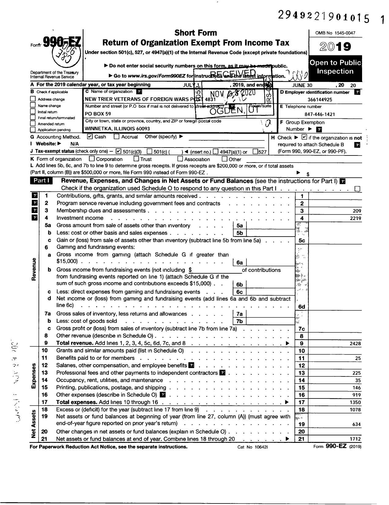 Image of first page of 2019 Form 990EO for VFW Dept of Illinois - Post 4831 New Trier