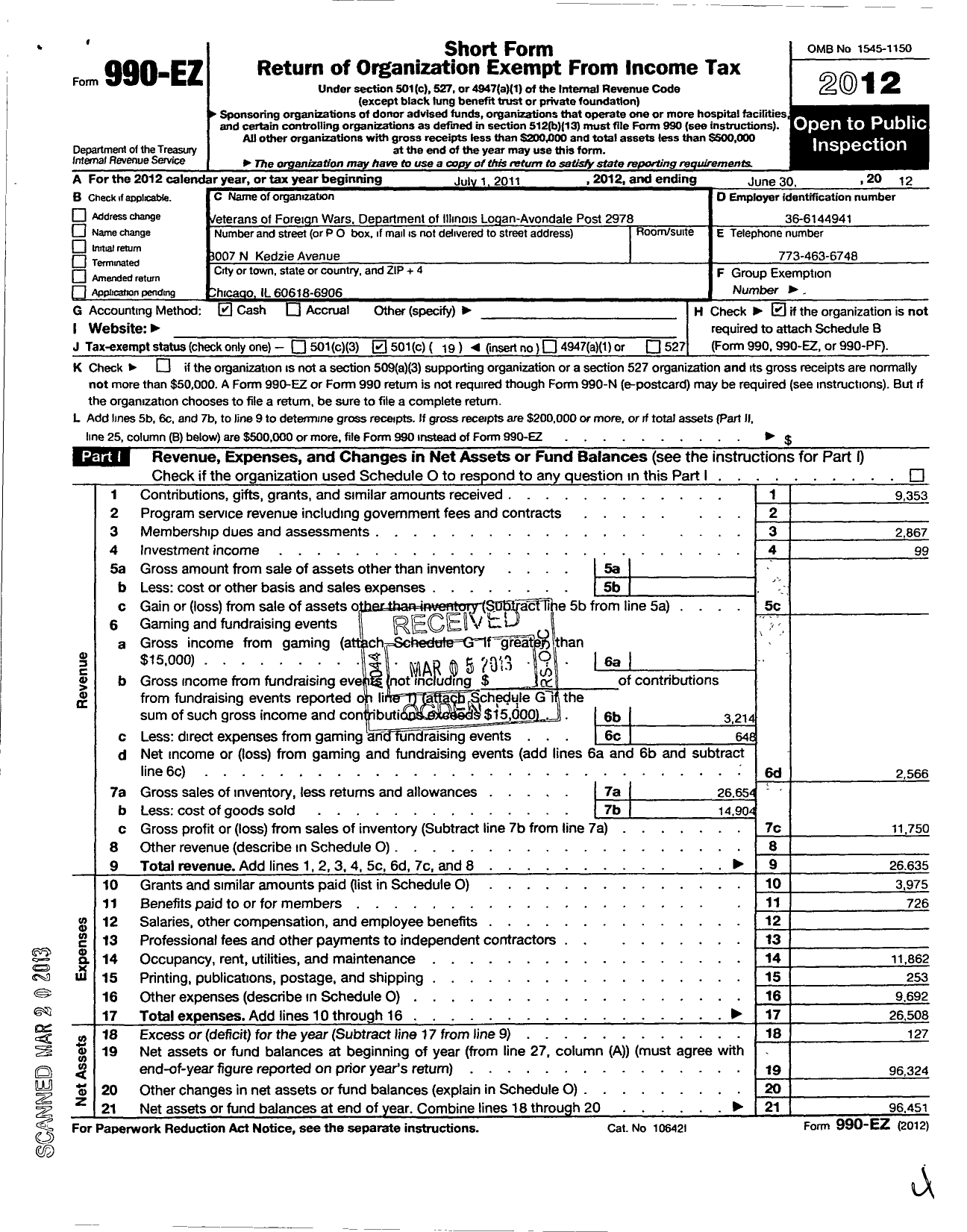 Image of first page of 2011 Form 990EO for Logan-Avondale VFW Post