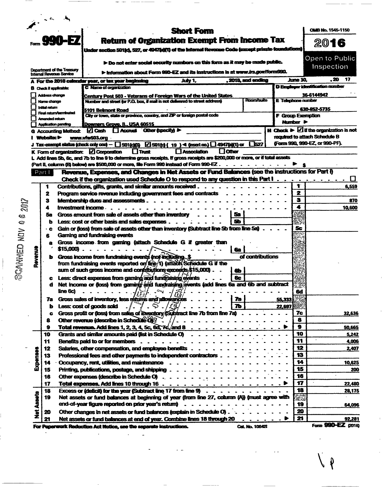 Image of first page of 2016 Form 990EO for VFW Dept of Illinois - 503 Century