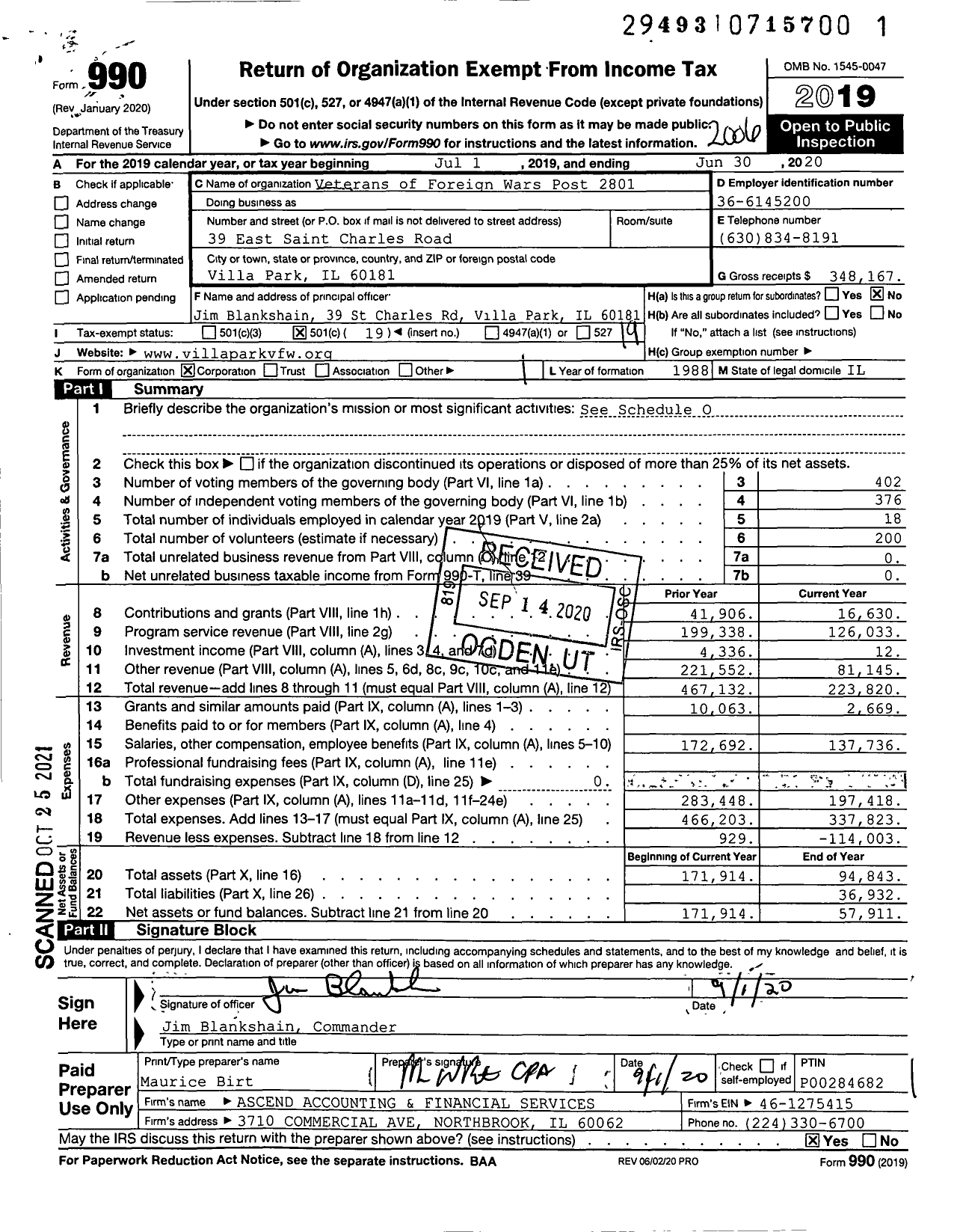 Image of first page of 2019 Form 990O for VFW Dept of Illinois - 2801 Villa Park
