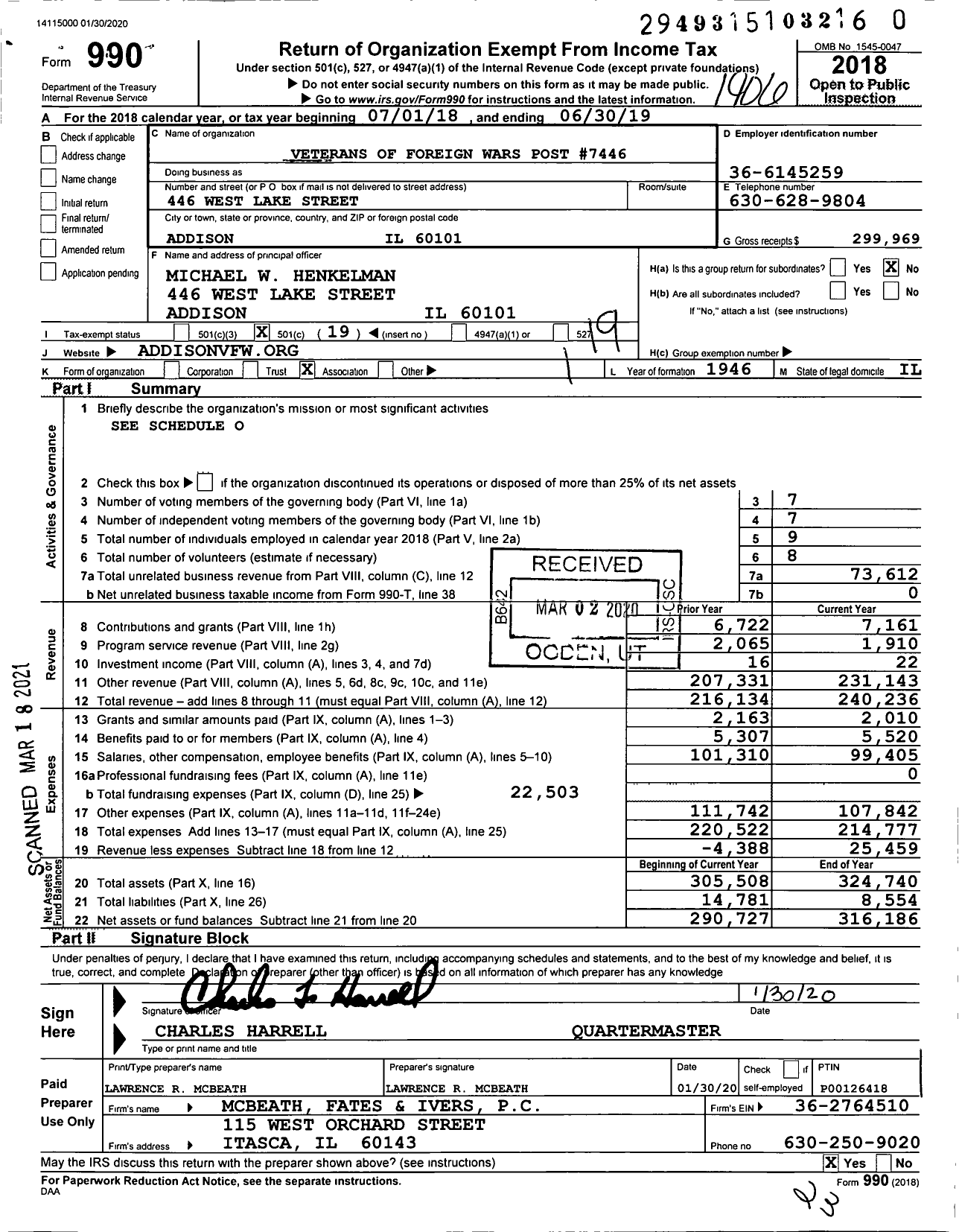 Image of first page of 2018 Form 990O for VFW Dept of Illinois - 7446 Addison VFW