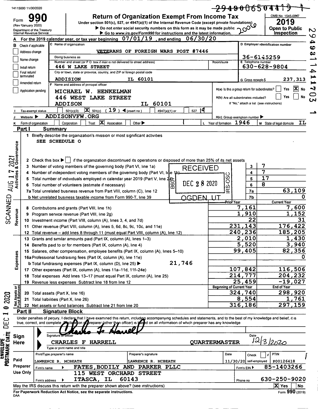 Image of first page of 2019 Form 990O for VFW Dept of Illinois - 7446 Addison VFW