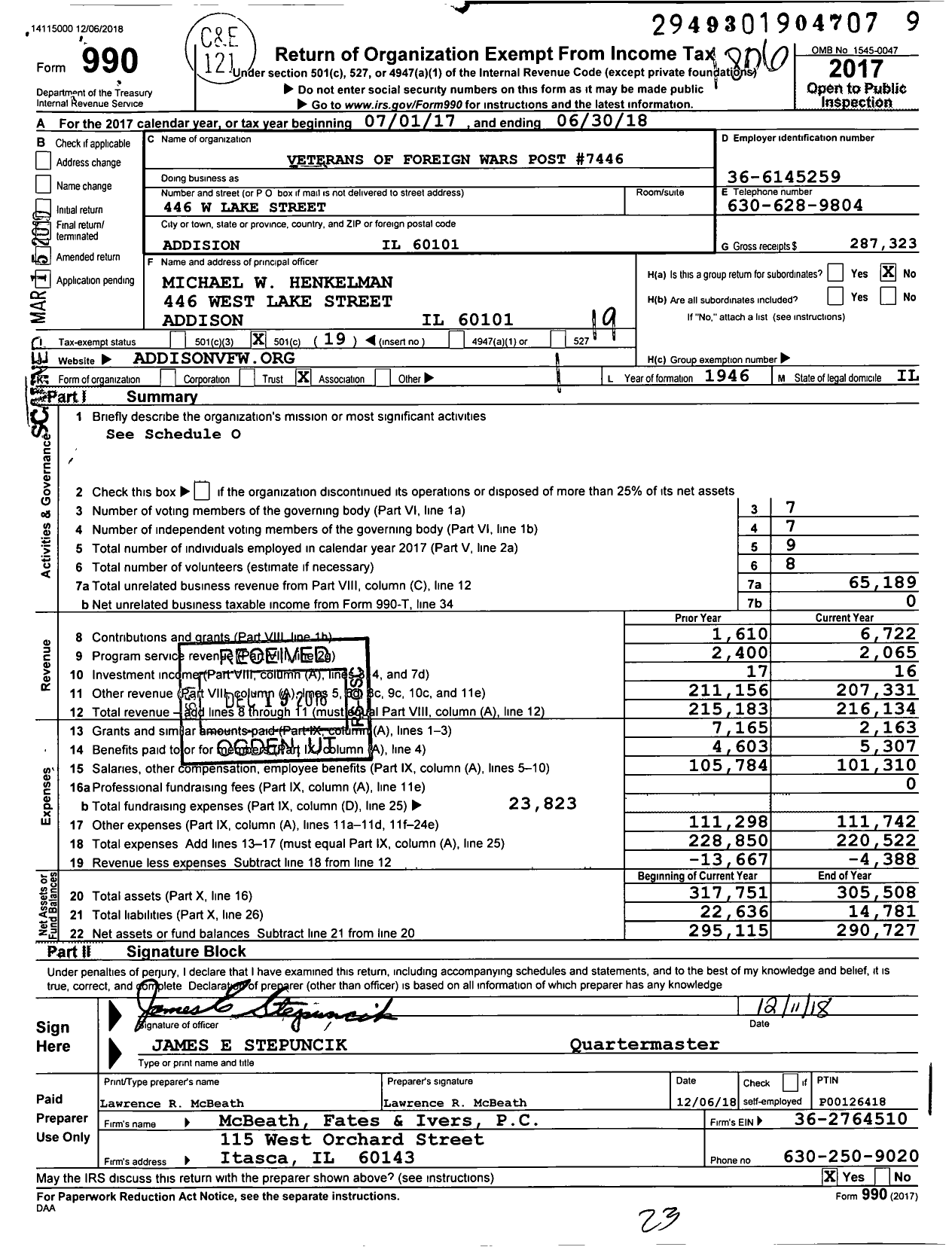 Image of first page of 2017 Form 990O for VFW Dept of Illinois - 7446 Addison VFW