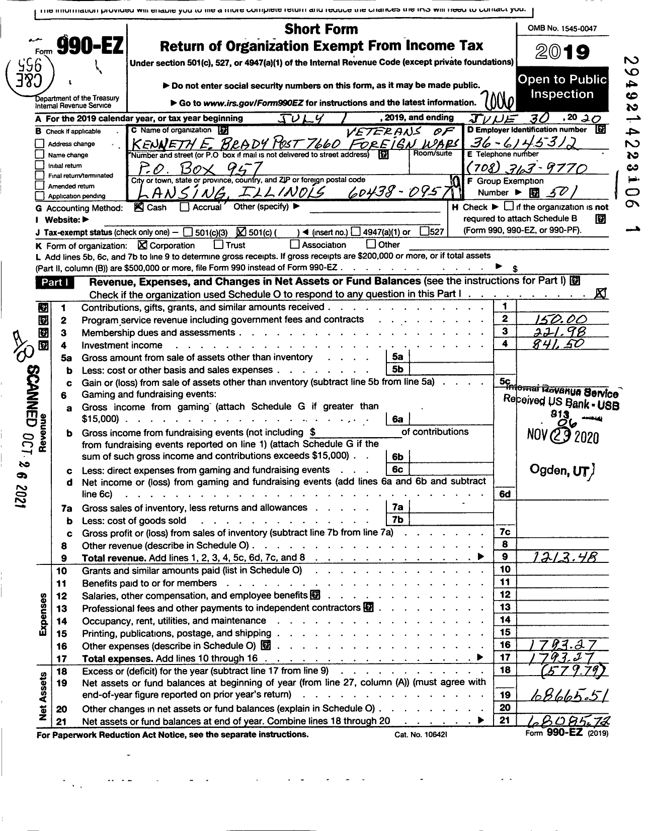 Image of first page of 2019 Form 990EO for VFW Dept of Illinois - 7660 Kenneth E Brady