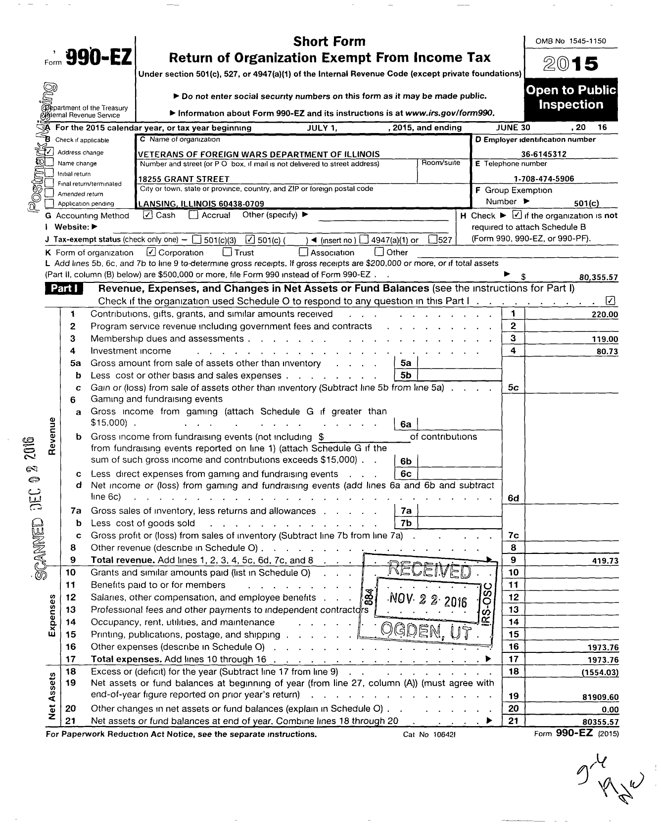 Image of first page of 2015 Form 990EO for VFW Dept of Illinois - 7660 Kenneth E Brady