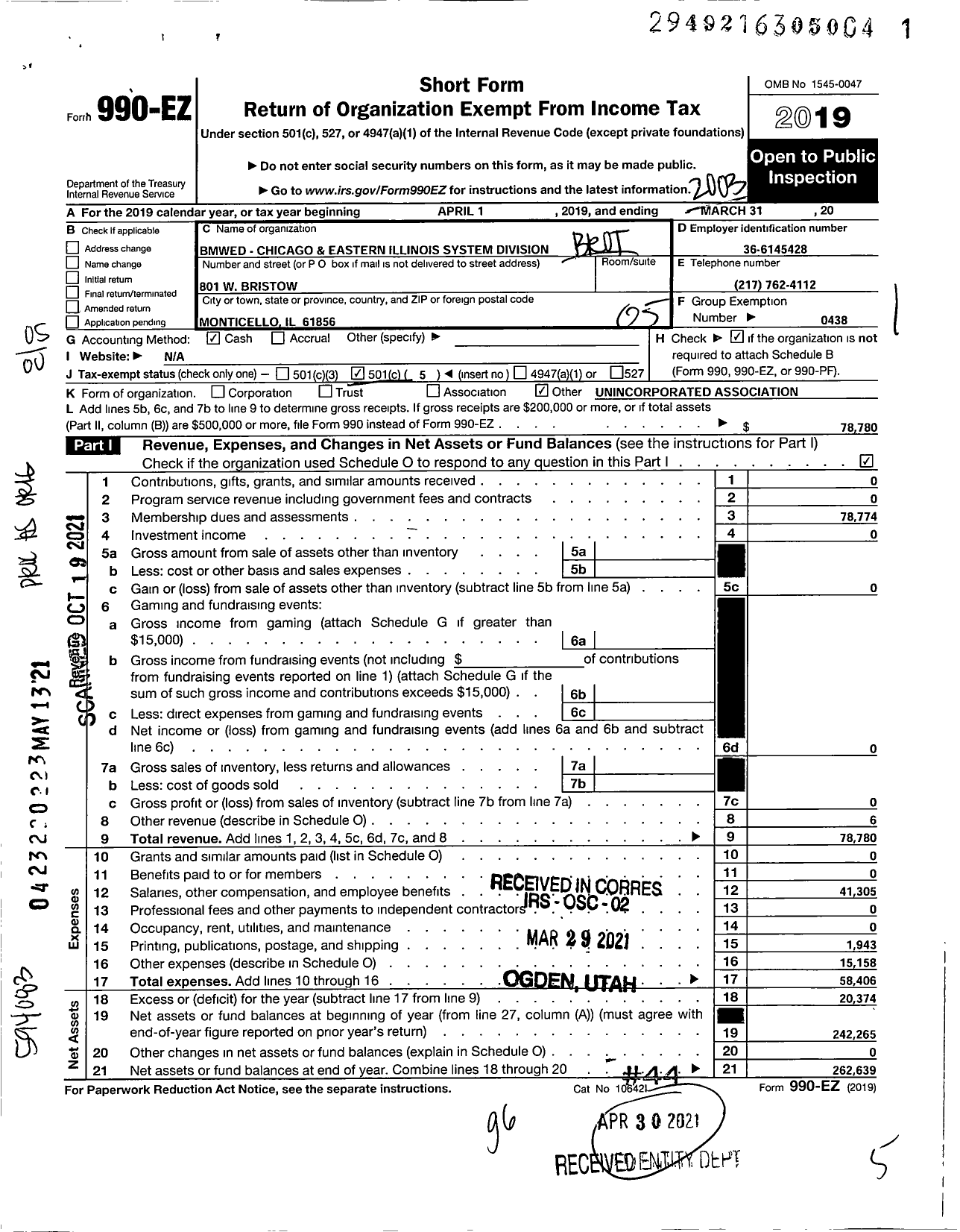 Image of first page of 2019 Form 990EO for Brotherhood of Maintenance of Way Employes - Chicago & Eastern Il System Divisio