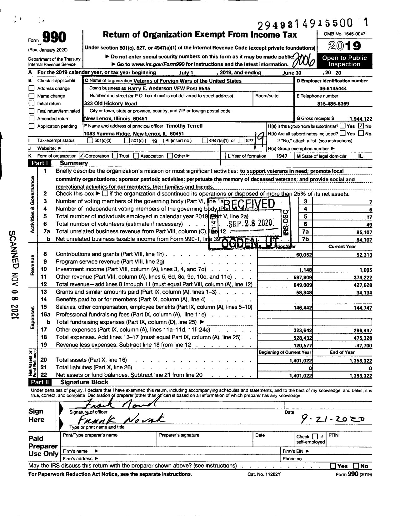 Image of first page of 2019 Form 990O for VFW Dept OF Illinois - Harry E Anderson VFW Post 9545