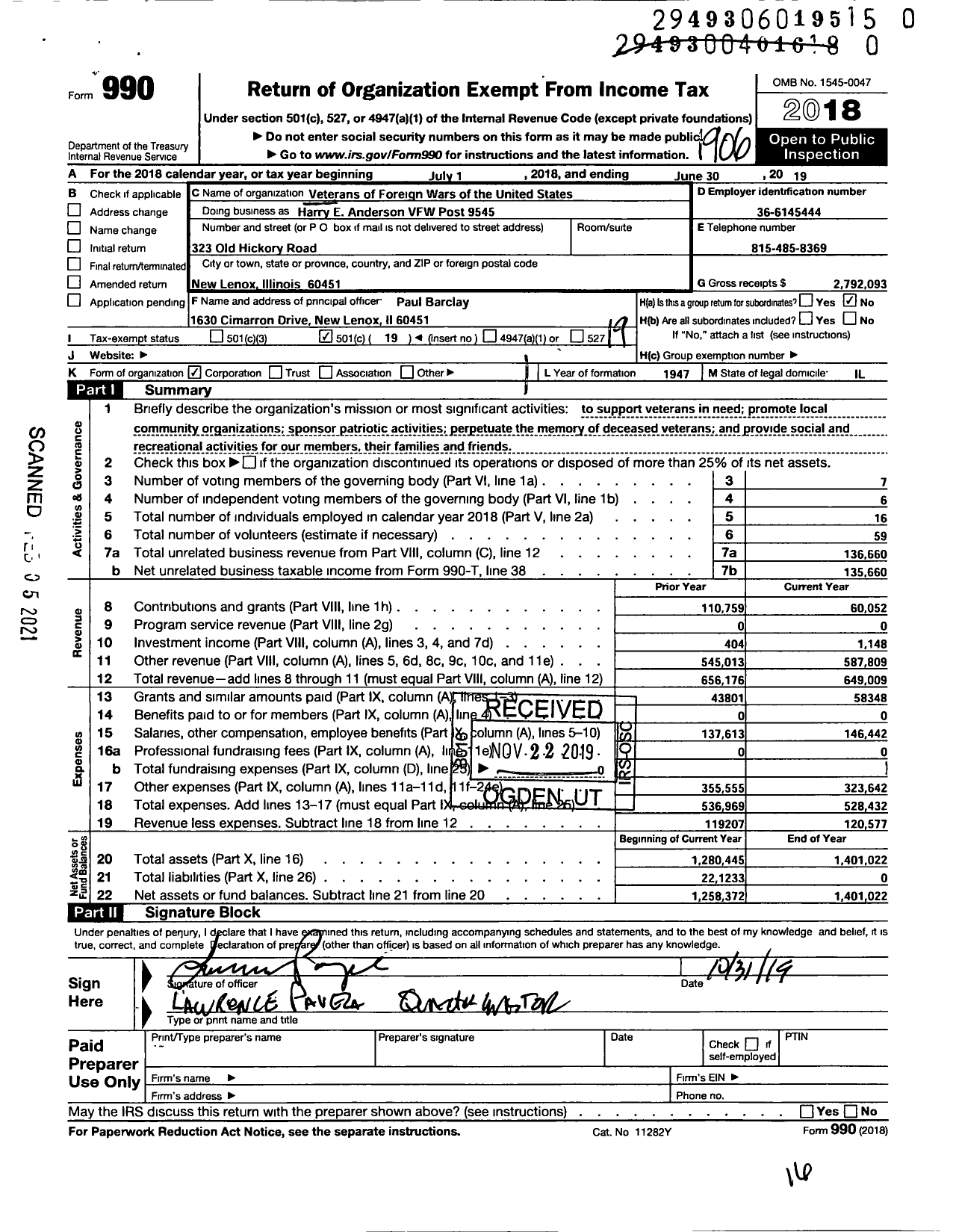 Image of first page of 2018 Form 990O for VFW Dept OF Illinois - Harry E Anderson VFW Post 9545